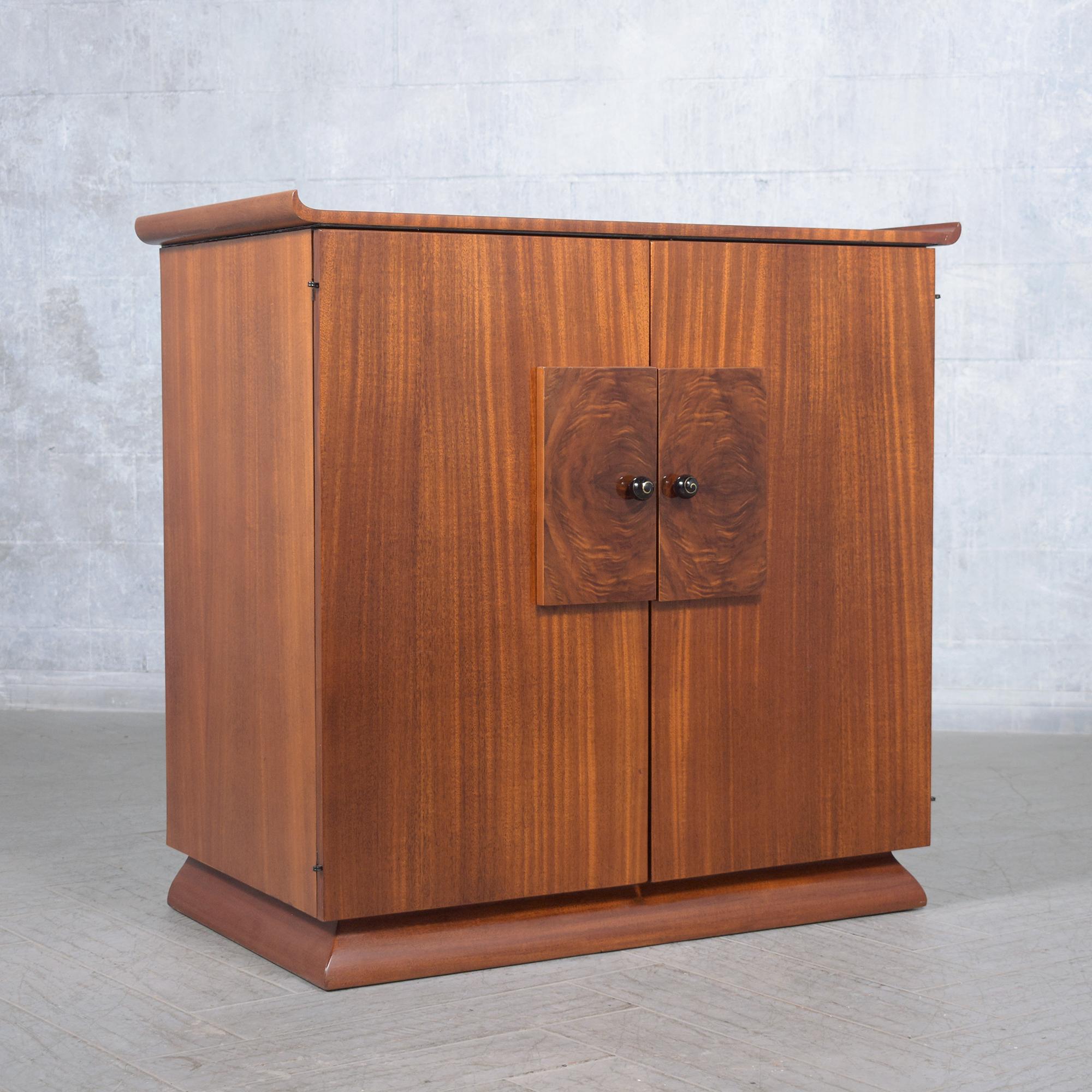 Restored Vintage Mid-Century Wood Cabinet with Burl Door Details For Sale 1