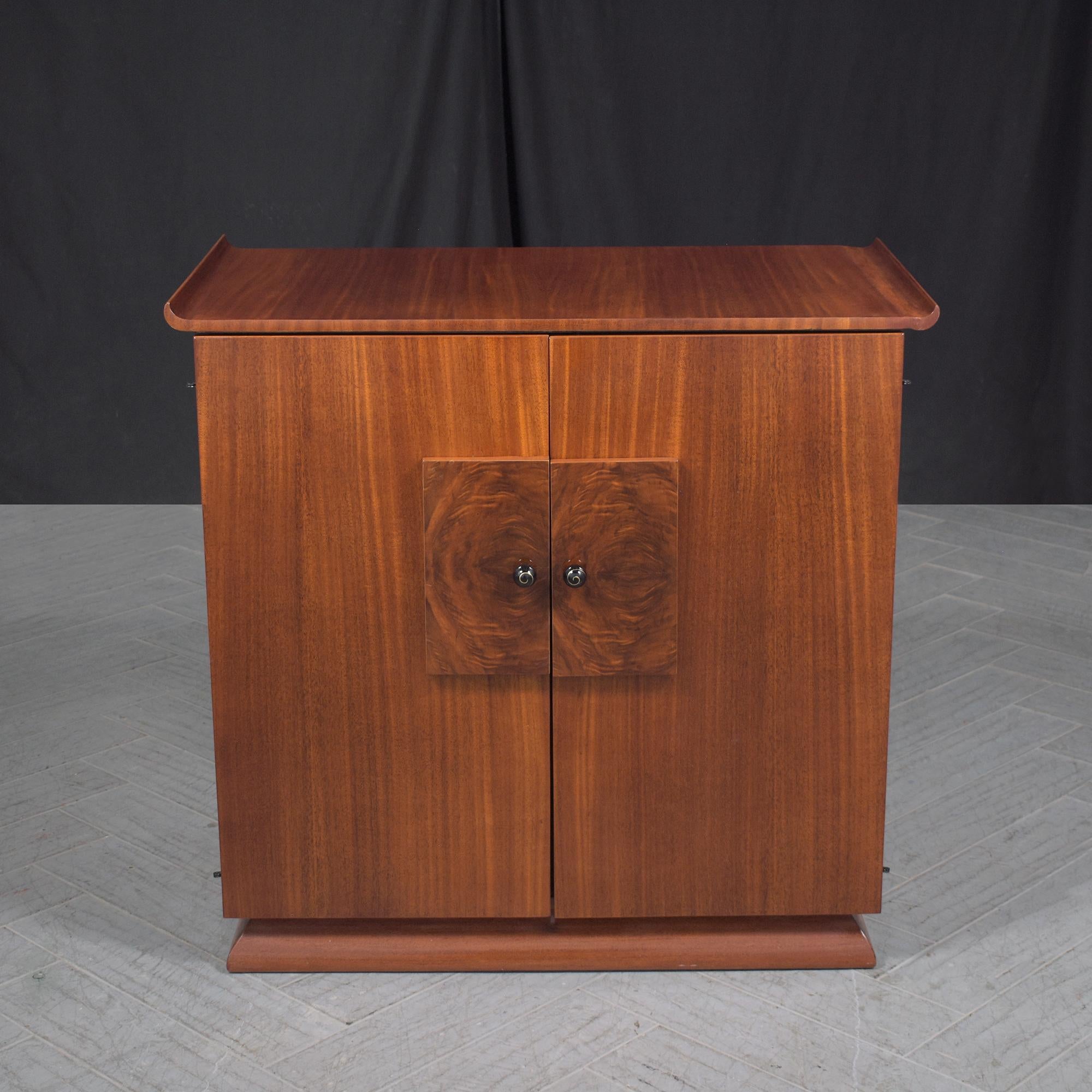 Embrace the timeless beauty of our elegant vintage mid-century cabinet, a piece that exudes sophistication and style. Expertly crafted from solid wood, this cabinet features a rich brown color, enhanced by a newly applied semi-gloss lacquer finish.