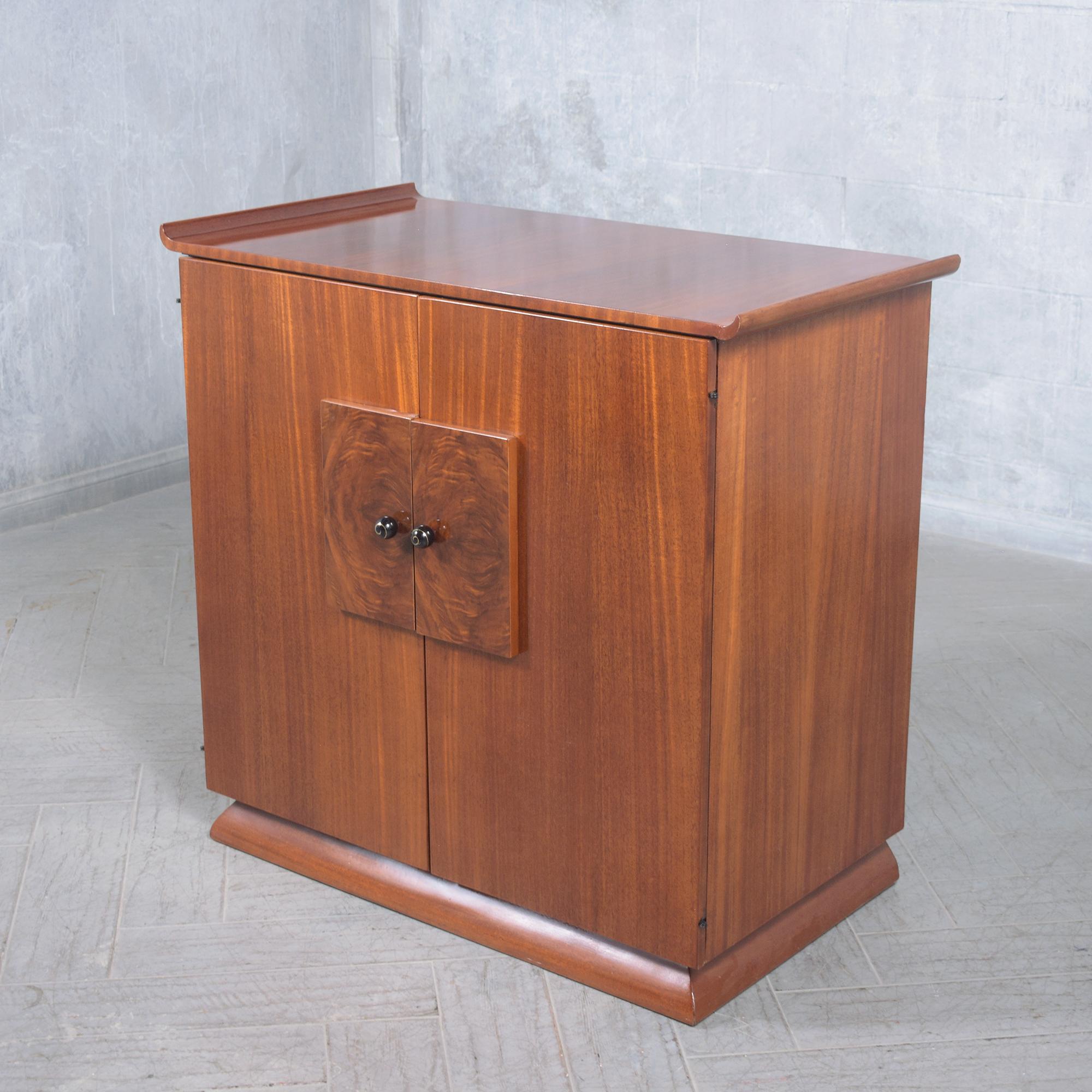 Polished Restored Vintage Mid-Century Wood Cabinet with Burl Door Details For Sale