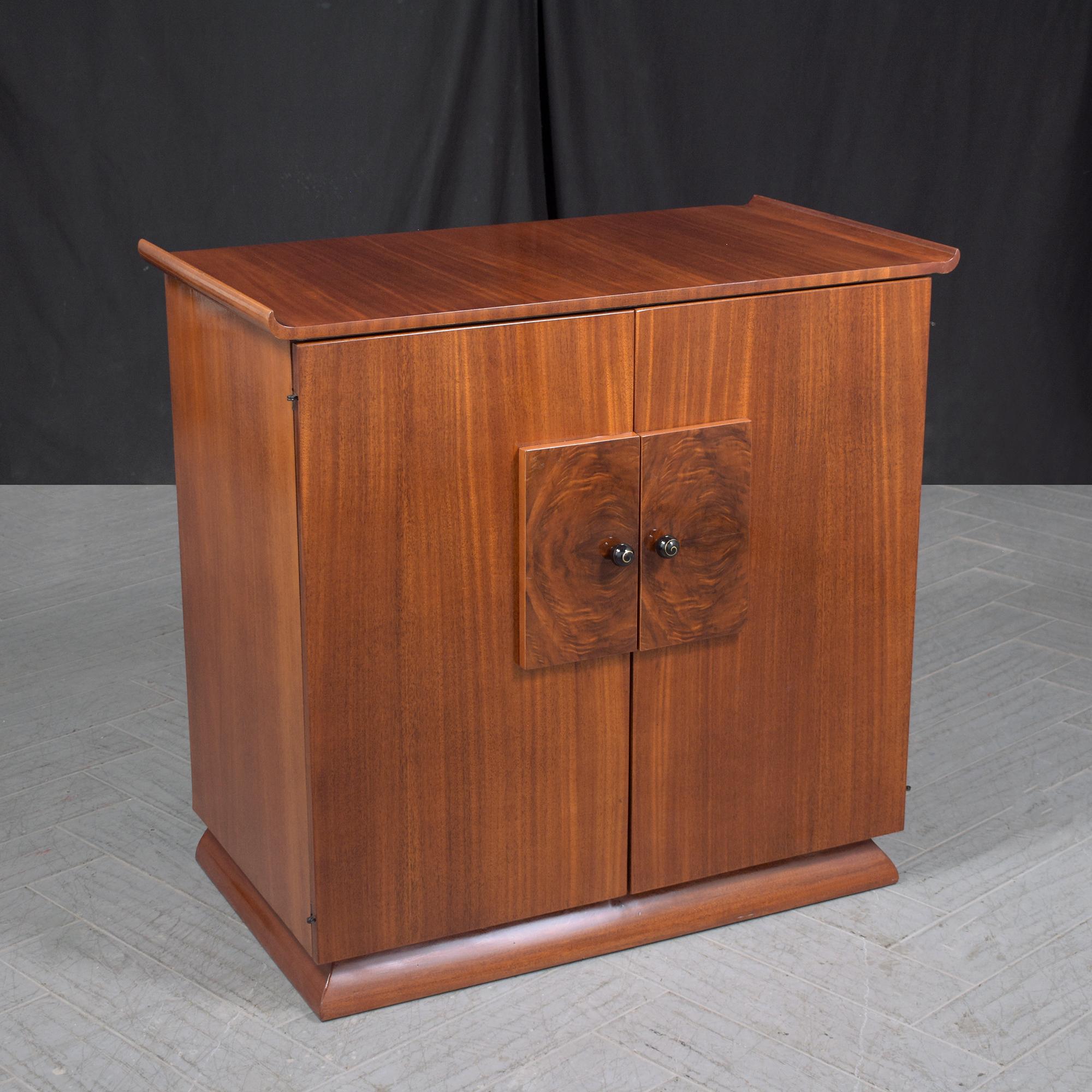 Mid-20th Century Restored Vintage Mid-Century Wood Cabinet with Burl Door Details For Sale