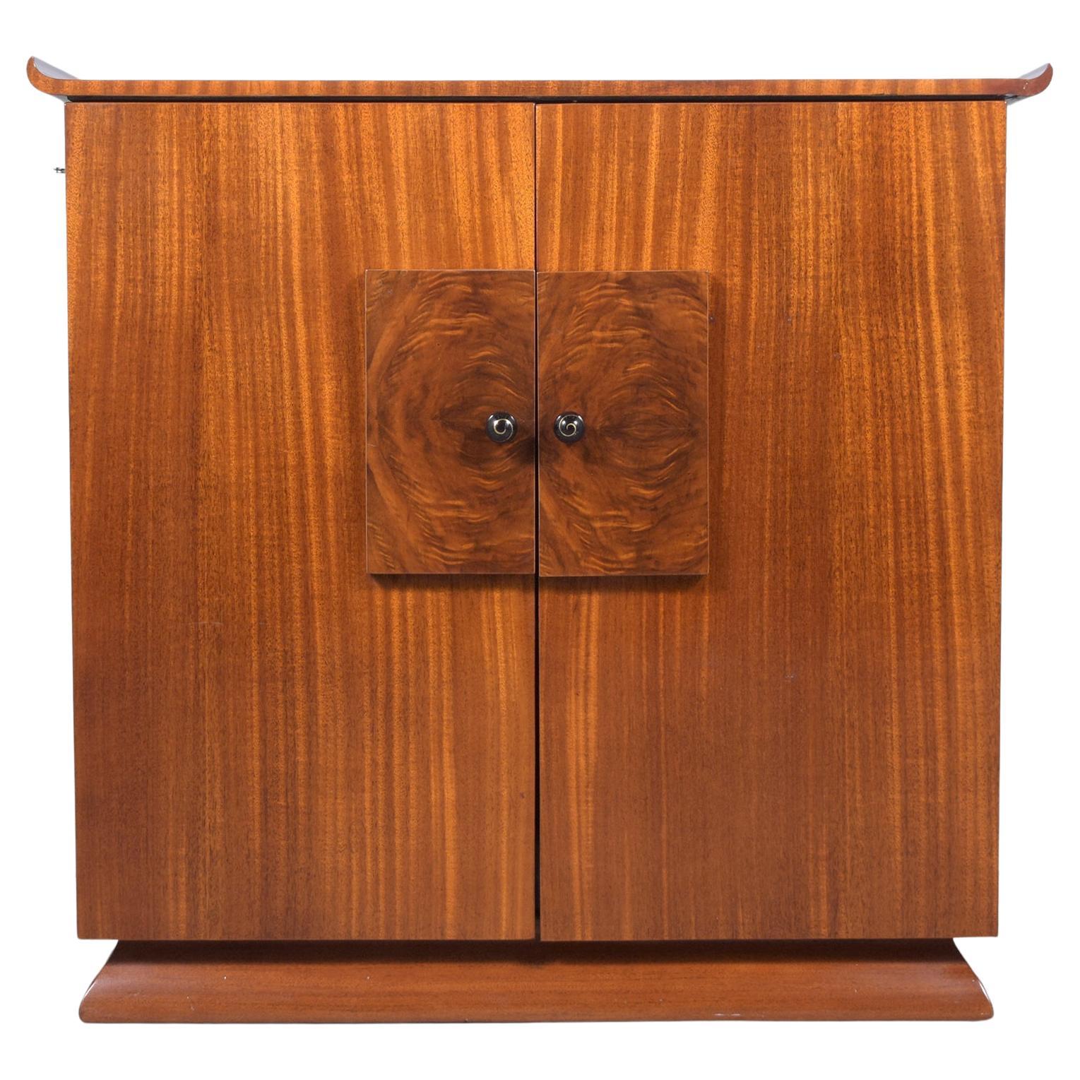 Restored Vintage Mid-Century Wood Cabinet with Burl Door Details For Sale