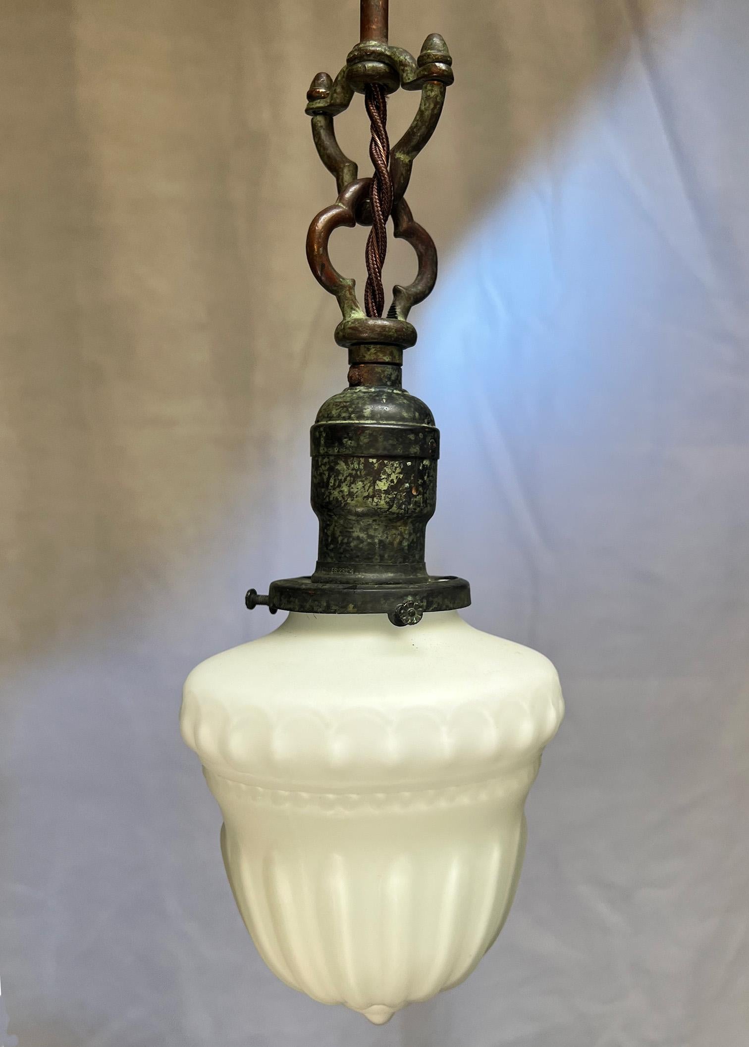 Mid-20th Century Restored Vintage Mission Chandelier with Milk Glass Shades For Sale