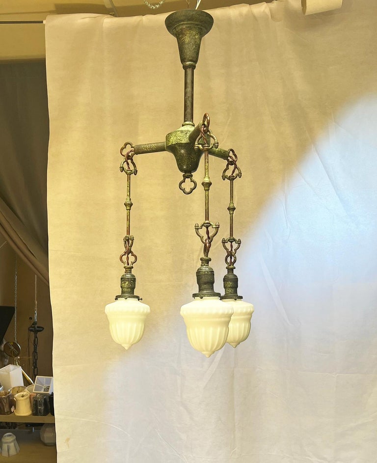 Restored Vintage Mission Chandelier with Milk Glass Shades For Sale at 1stDibs