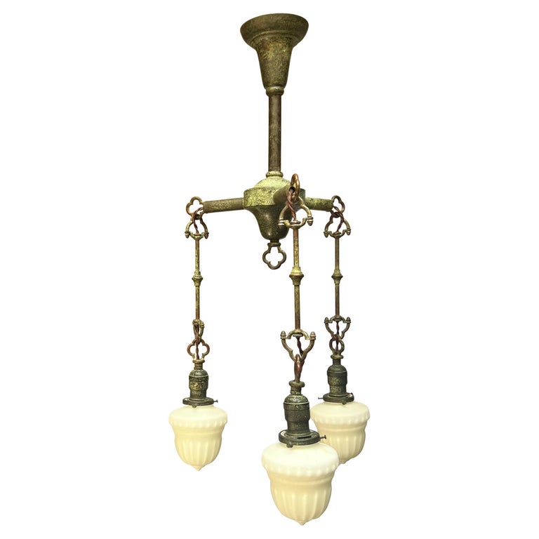 Restored Vintage Mission Chandelier with Milk Glass Shades For Sale at