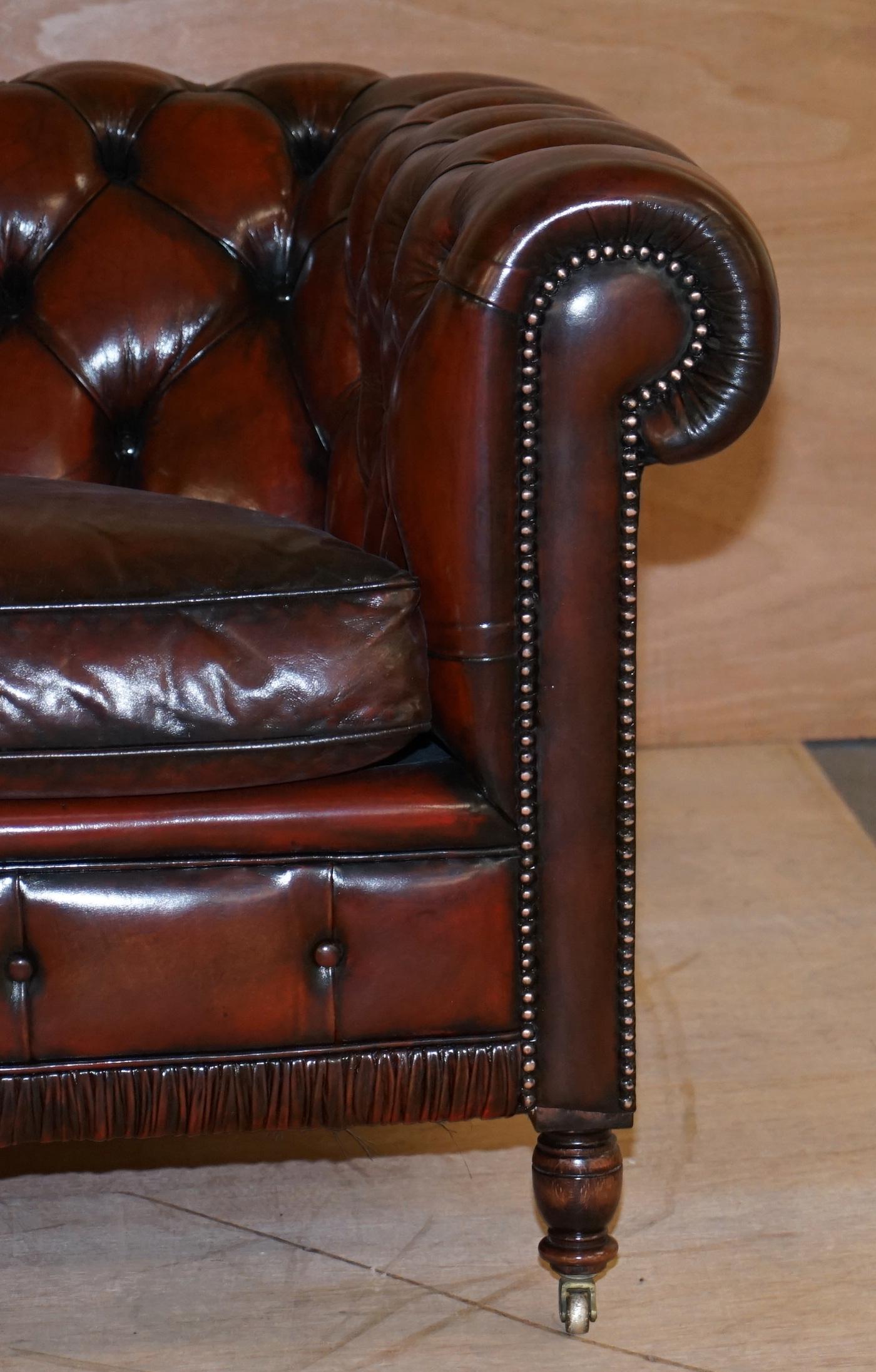 Restored Vintage Oxblood Bordeaux Leather Chesterfield Club Sofa on Turned Legs For Sale 5