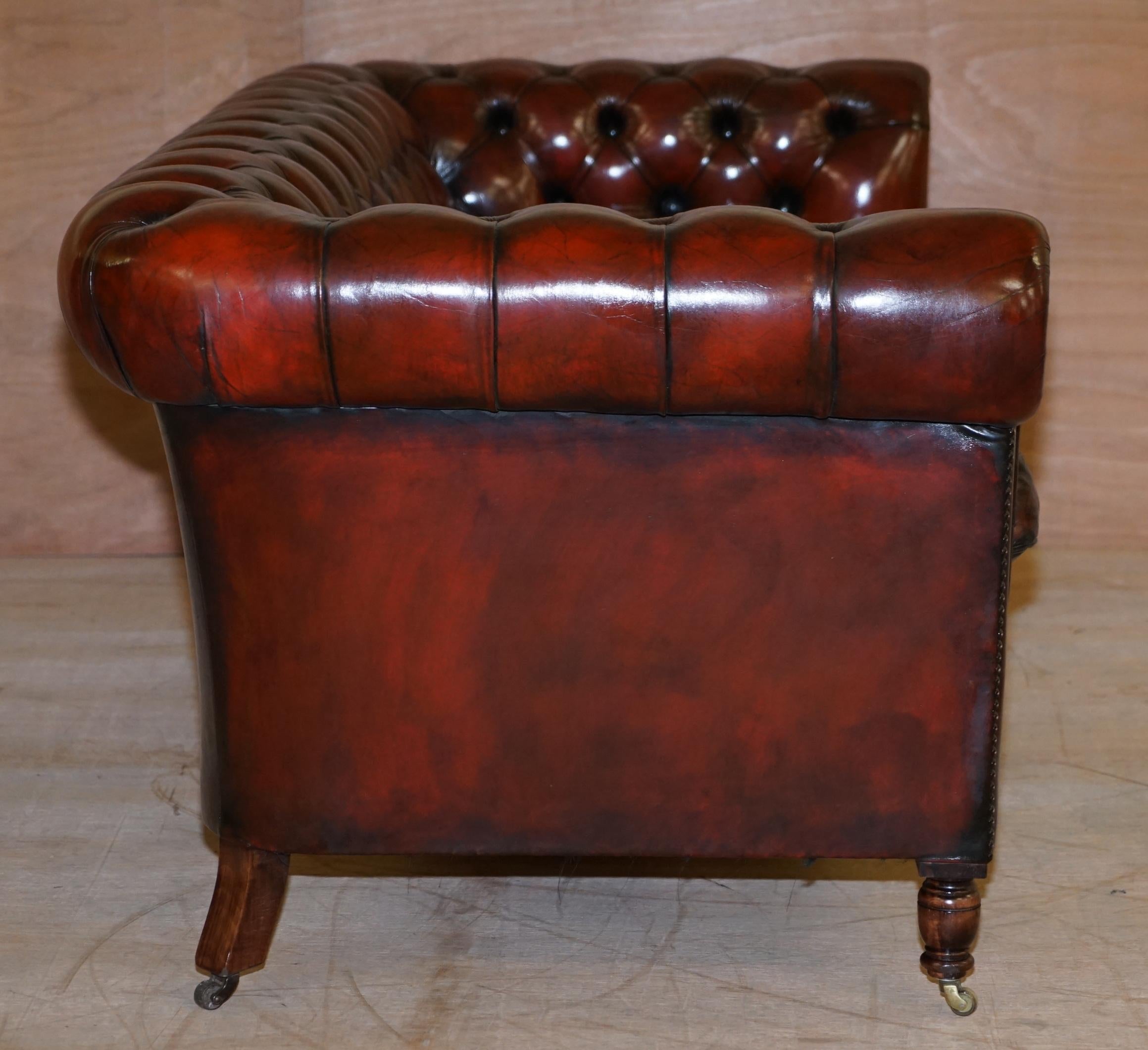 Restored Vintage Oxblood Bordeaux Leather Chesterfield Club Sofa on Turned Legs For Sale 6