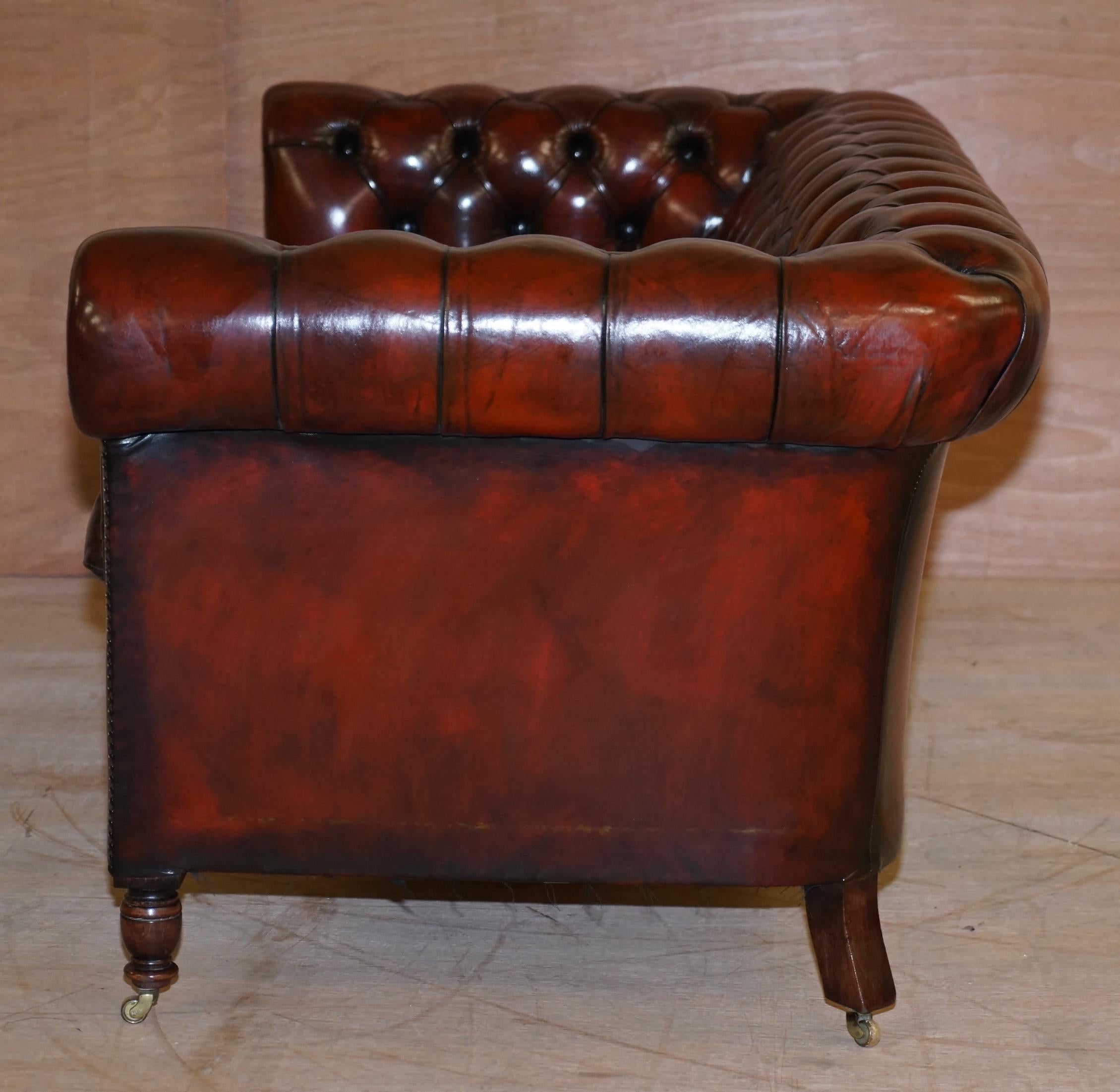 Restored Vintage Oxblood Bordeaux Leather Chesterfield Club Sofa on Turned Legs For Sale 9