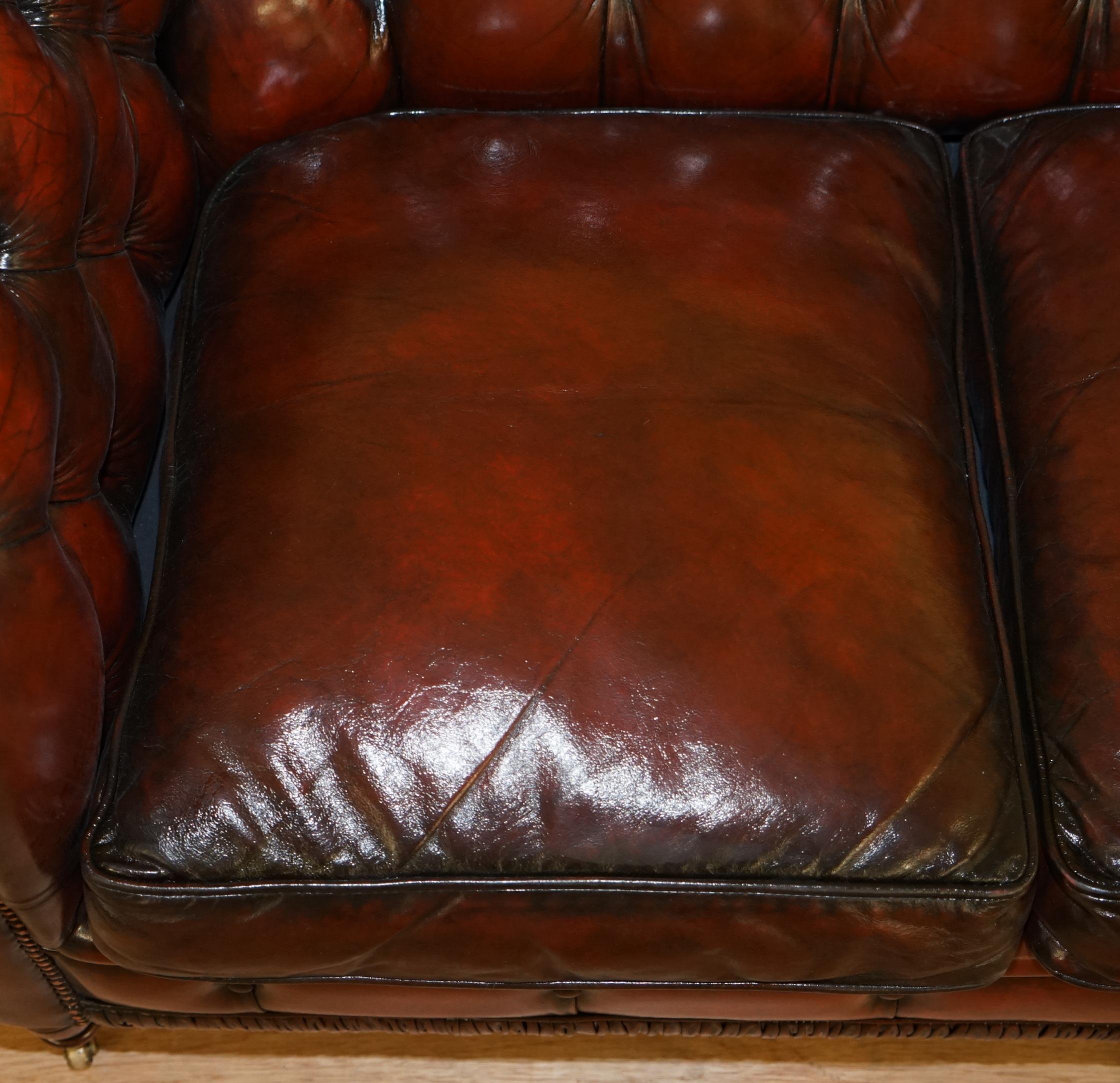Hand-Crafted Restored Vintage Oxblood Bordeaux Leather Chesterfield Club Sofa on Turned Legs For Sale