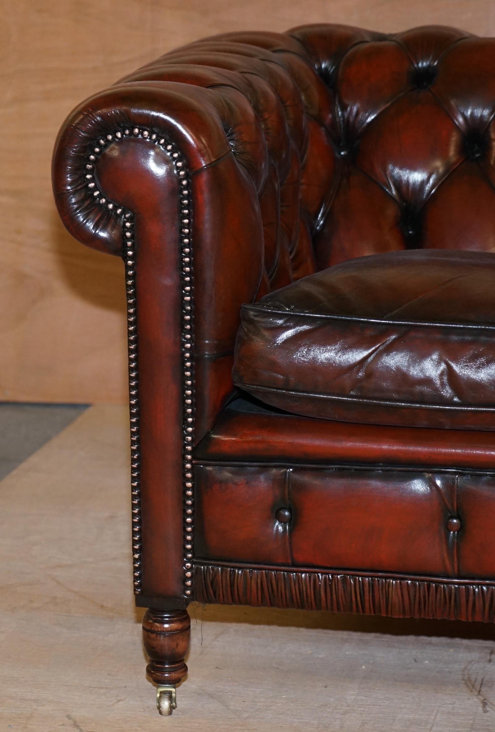 Restored Vintage Oxblood Bordeaux Leather Chesterfield Club Sofa on Turned Legs For Sale 2