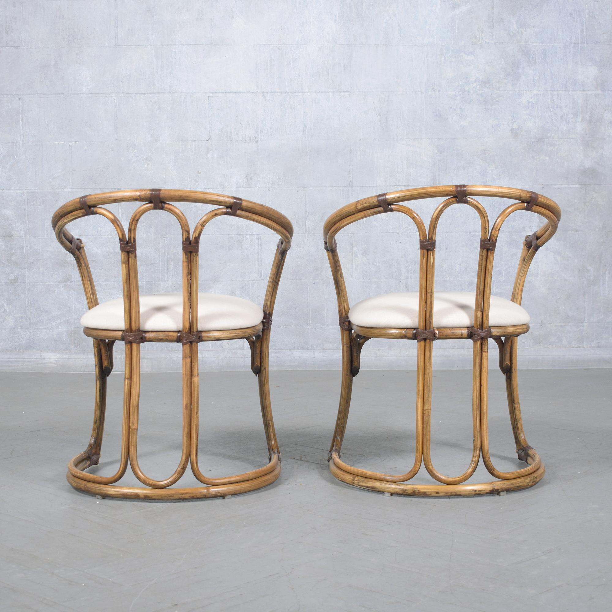 Restored Vintage Pair of Bamboo Barrel Chairs with Ivory Fabric For Sale 6