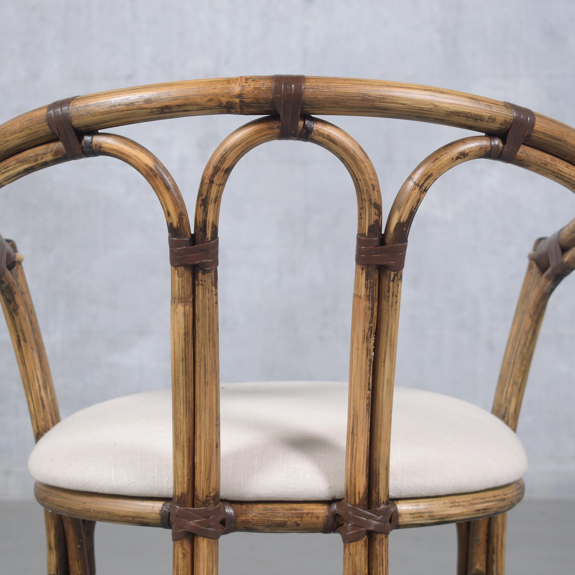 Restored Vintage Pair of Bamboo Barrel Chairs with Ivory Fabric For Sale 7