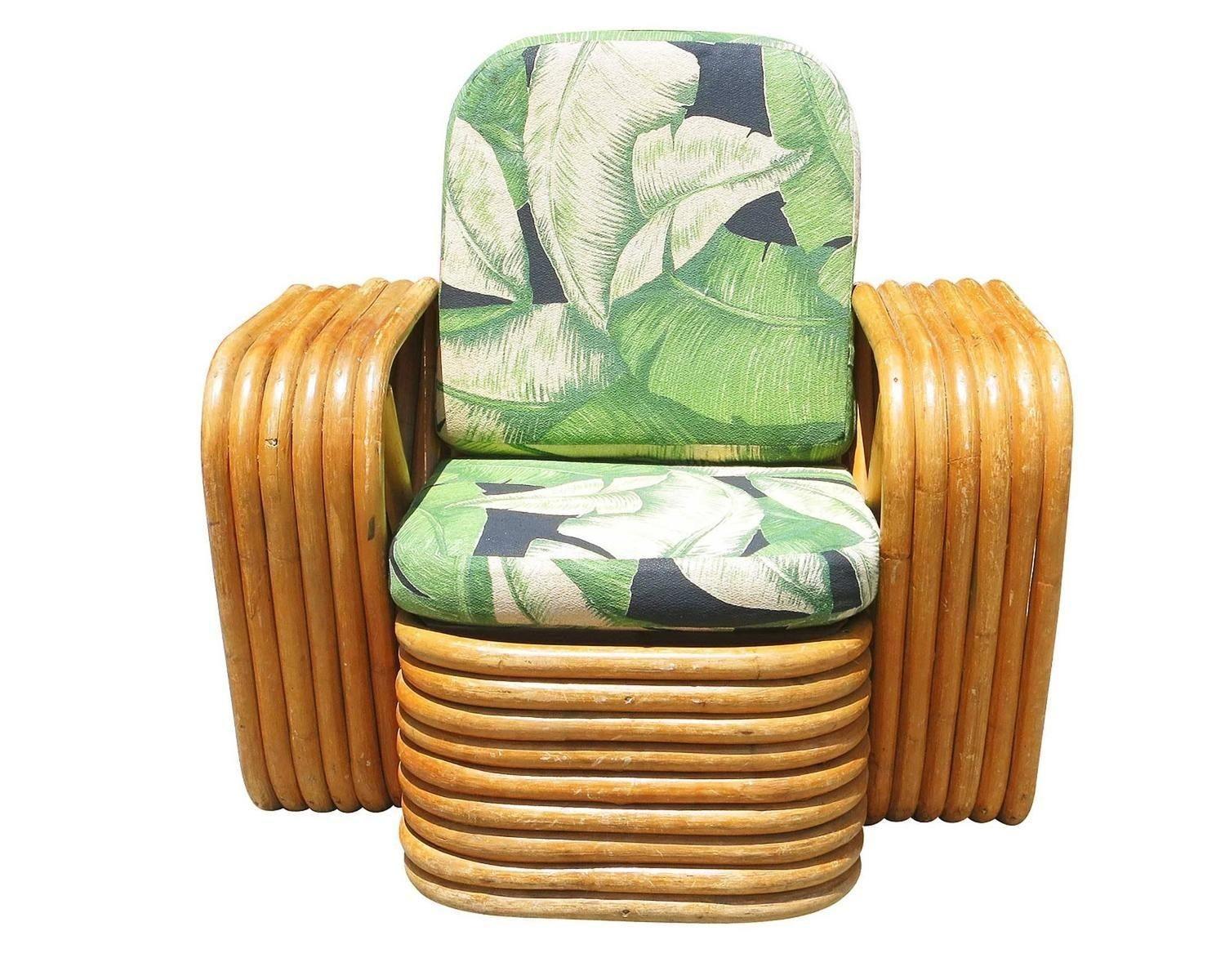 Offered is a children's size lounge chair designed by Paul Franki. This chair features six-strand square pretzel arms with a classic stacked base.

All rattan, bamboo, and wicker have been painstakingly refurbished using the finest materials by