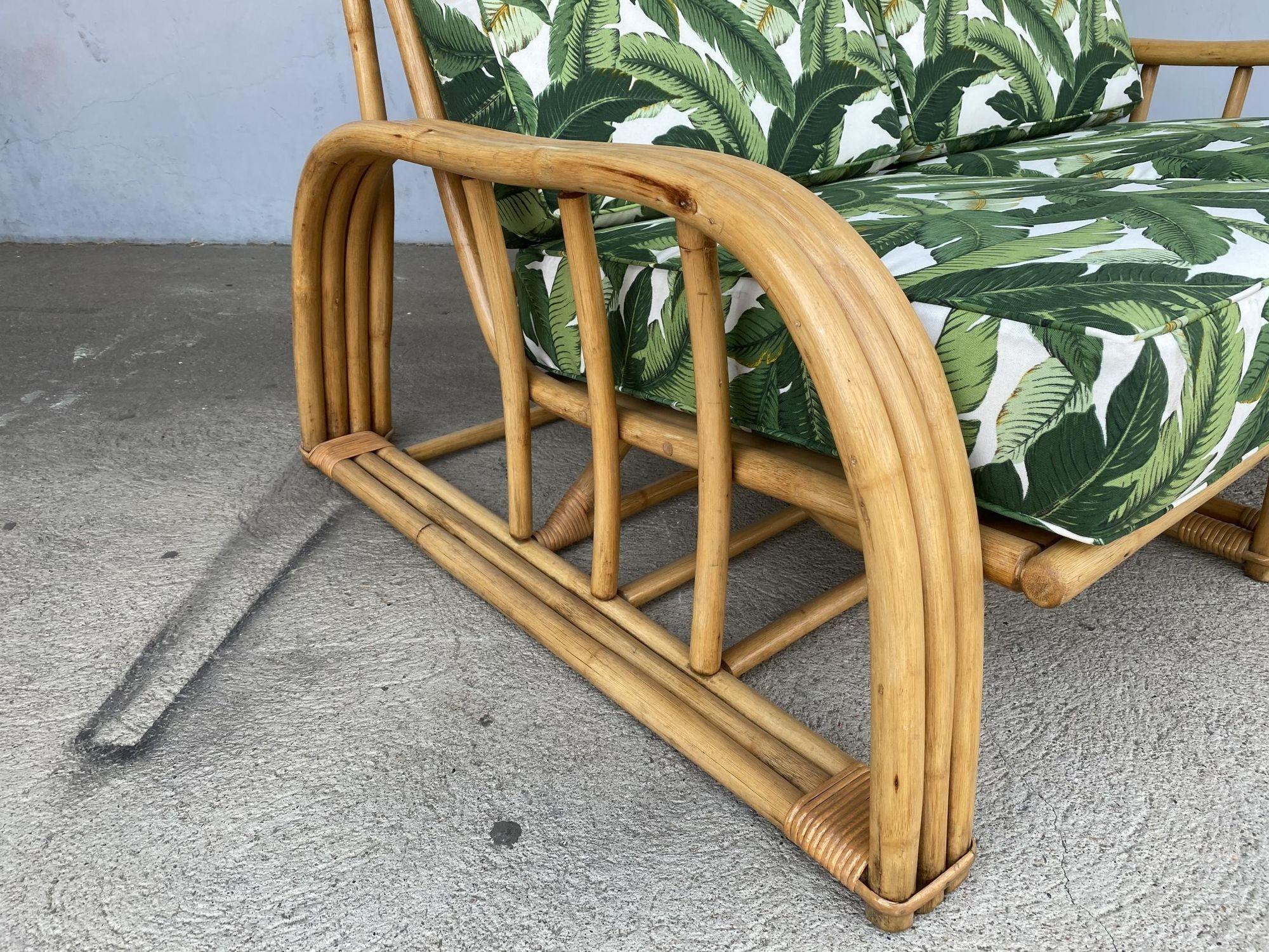 Restored original 1948 Paul Laszlo three-strand sectional settee featuring three-strand staple-shaped arms and arched bases.

1940, United States

We only purchase and sell only the best and finest rattan furniture made by the best and most