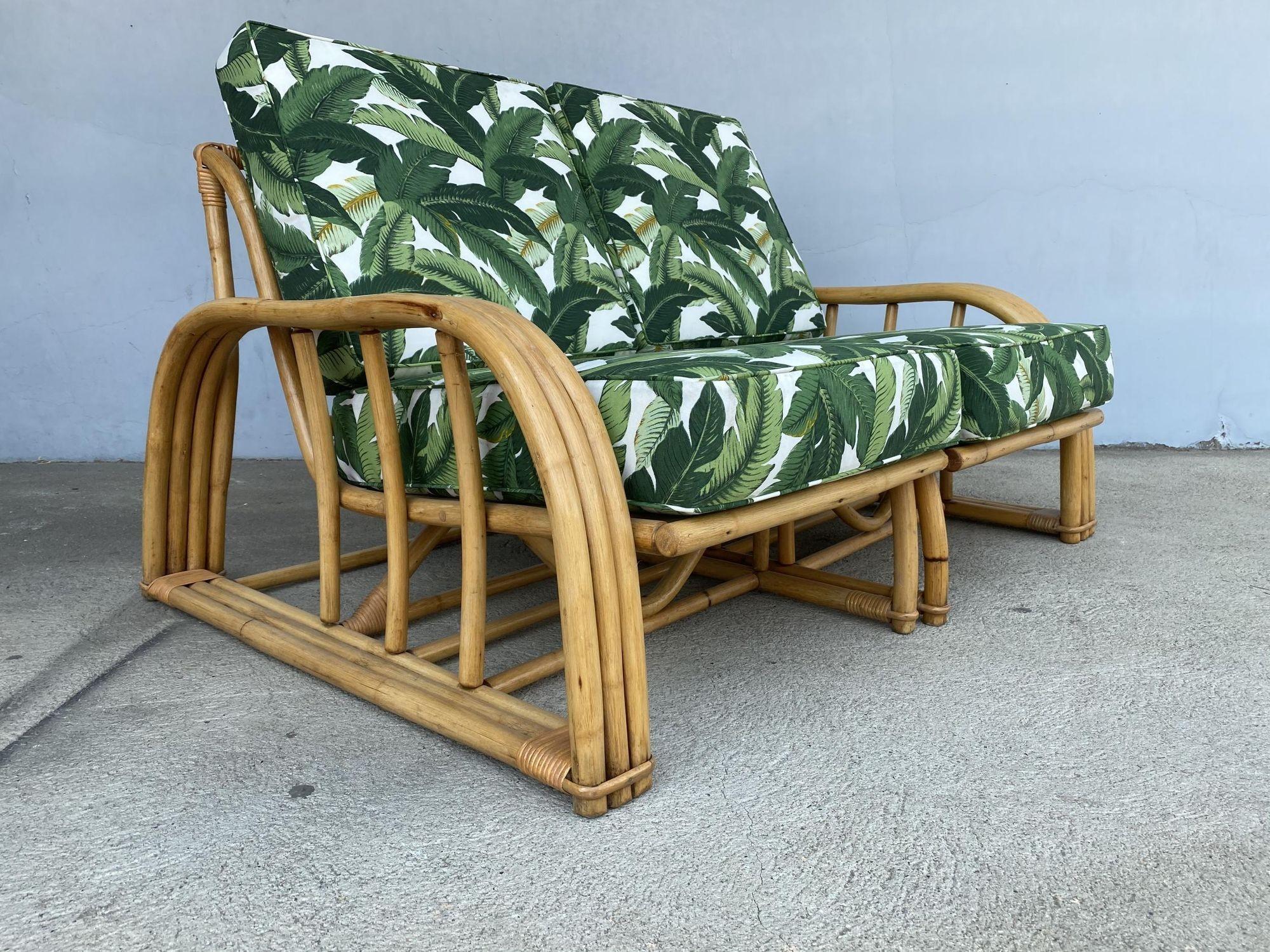 Restored Vintage Paul Laszlo Rattan Three Strand Sectional Settee Sofa In Excellent Condition For Sale In Van Nuys, CA