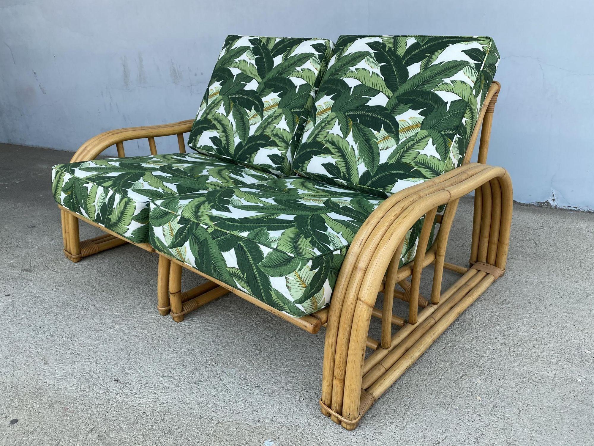 Restored Vintage Paul Laszlo Rattan Three Strand Sectional Settee Sofa For Sale 1