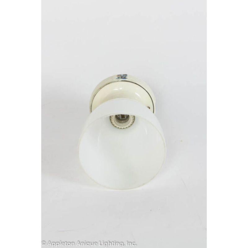 Restored Vintage Porcelain Flush Mount Fixture with Milk Glass In Excellent Condition In Canton, MA