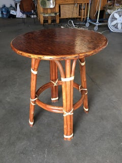 Restored Vintage Rattan "Double Circle" Side Table With Mahogany Top