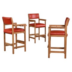Restored Vintage Solid Oak Red Leather Pool Room Billiard Barstools Set of 3