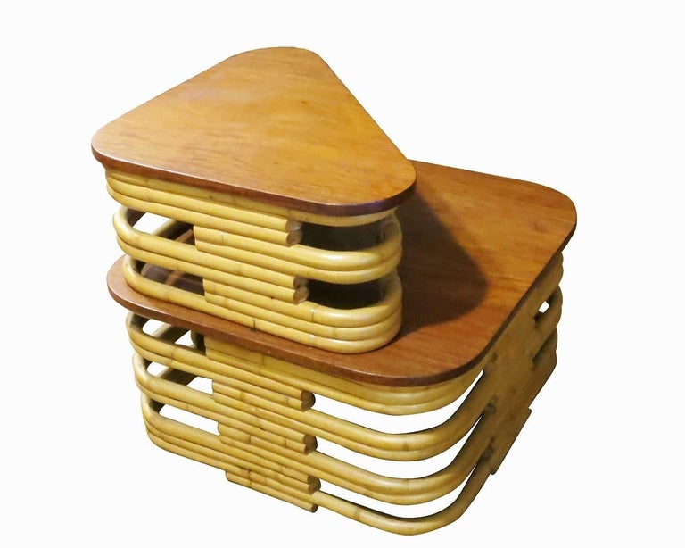 Restored Vintage Stacked Rattan and Mahogany Corner Side Table For Sale