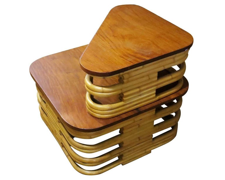 Restored Vintage Stacked Rattan and Mahogany Corner Side Table For Sale at 1stDibs