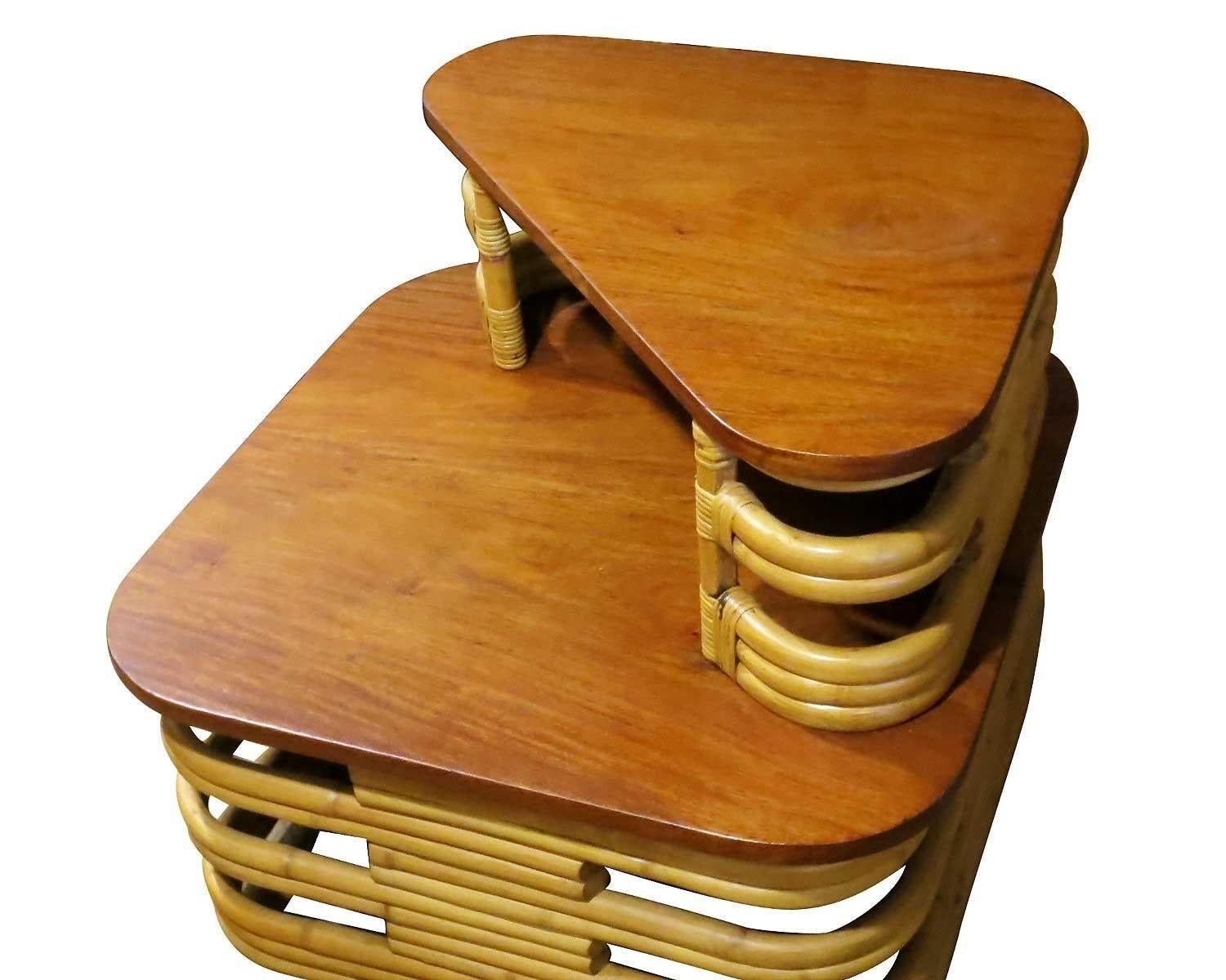 Restored Vintage Stacked Rattan & Mahogany Corner Side Table 1
