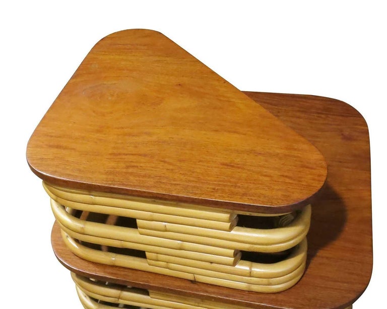 Restored Vintage Stacked Rattan and Mahogany Corner Side Table For Sale at 1stDibs