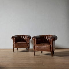Restored Vintage Swedish Leather Club Chairs, Early 20th Century