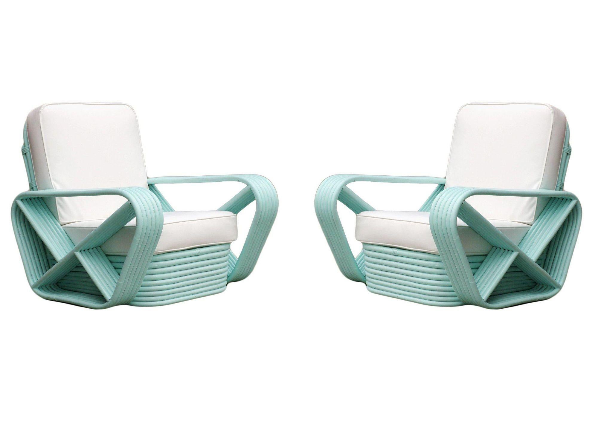 Restored Vintage Teal Square Pretzel Stacked Rattan Armchairs in Style of Paul F 3