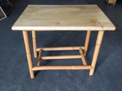Restored Vintage "The Duke" Rattan Side Bourbon Table With Oak Top