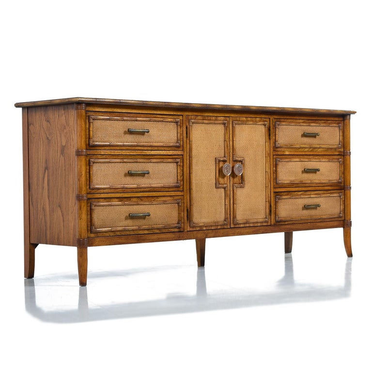 Restored Vintage Thomasville Oak Rattan Dresser Credenza Eastern