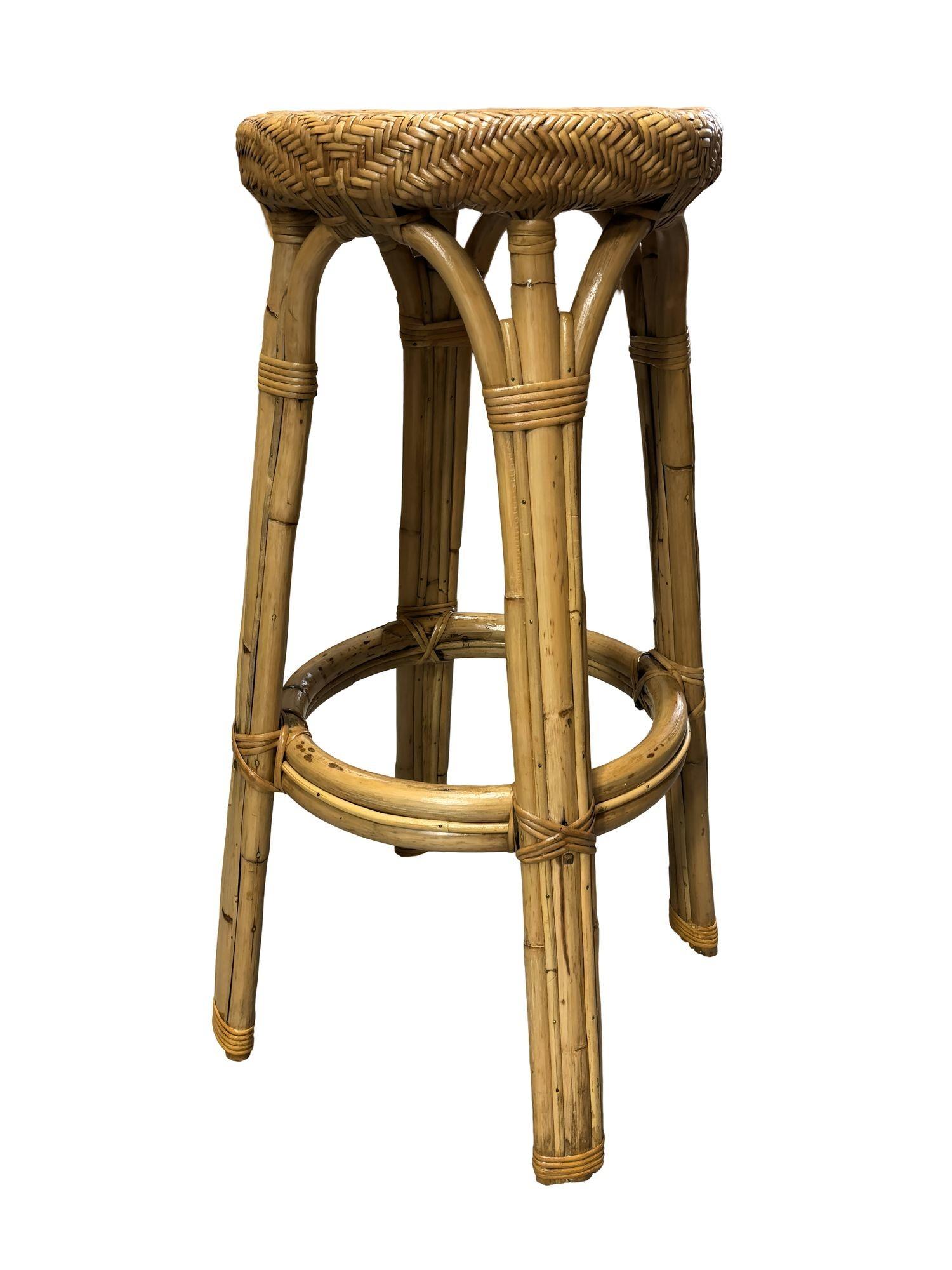 Restored Vintage Woven Cane and Rattan Barstool In Excellent Condition In Van Nuys, CA