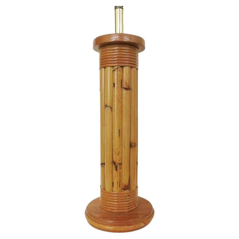 Restored Vintage Wrapped Rattan Pole Lamp with Mahogany Base For Sale
