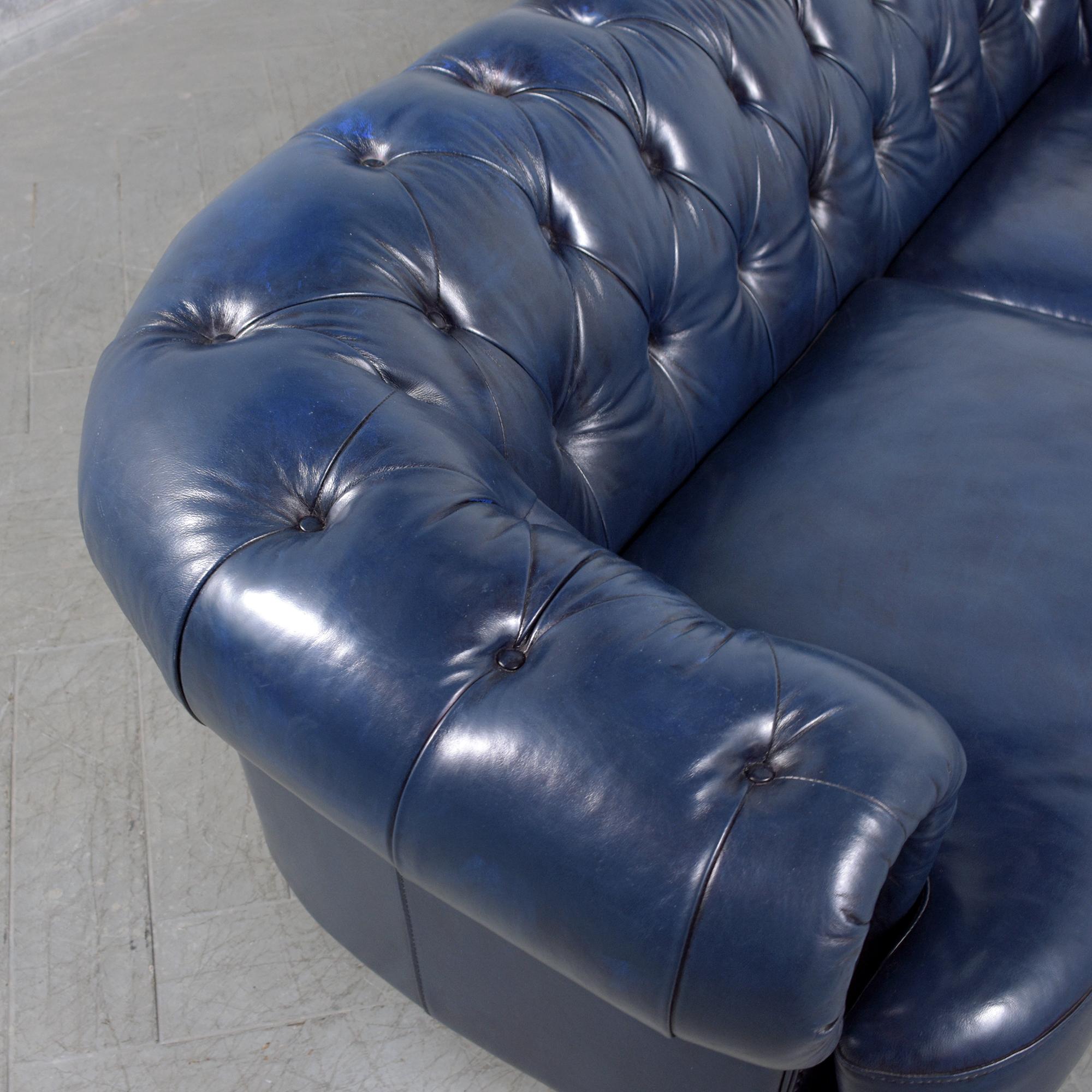 Restored Vitnage 1980s Navy Blue Chesterfield Leather Sofa For Sale 3
