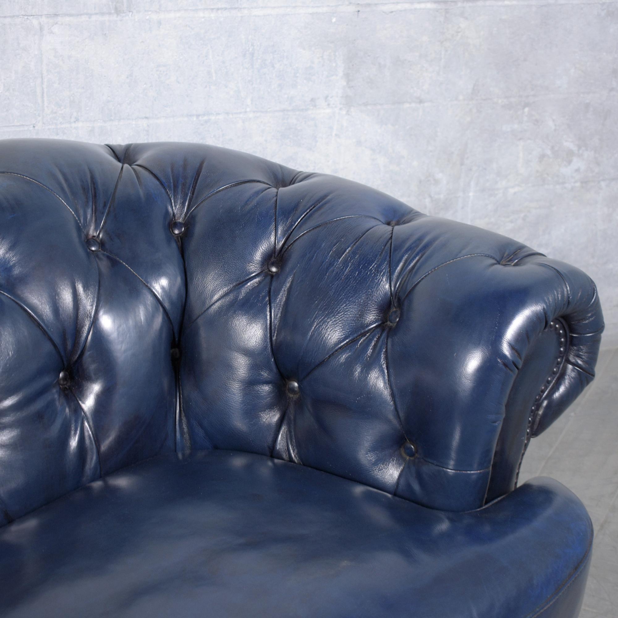 Restored Vitnage 1980s Navy Blue Chesterfield Leather Sofa For Sale 4