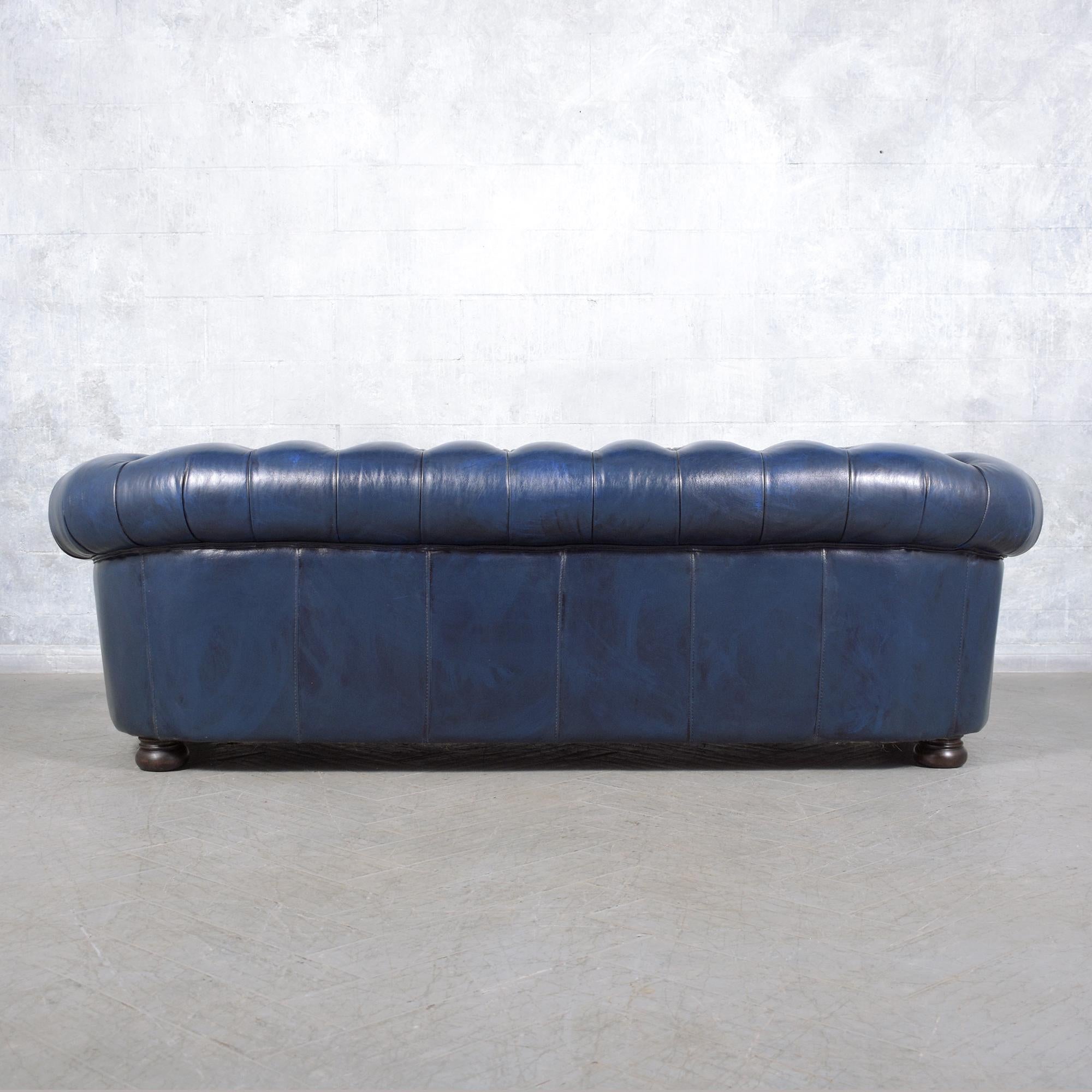 Restored Vitnage 1980s Navy Blue Chesterfield Leather Sofa For Sale 6