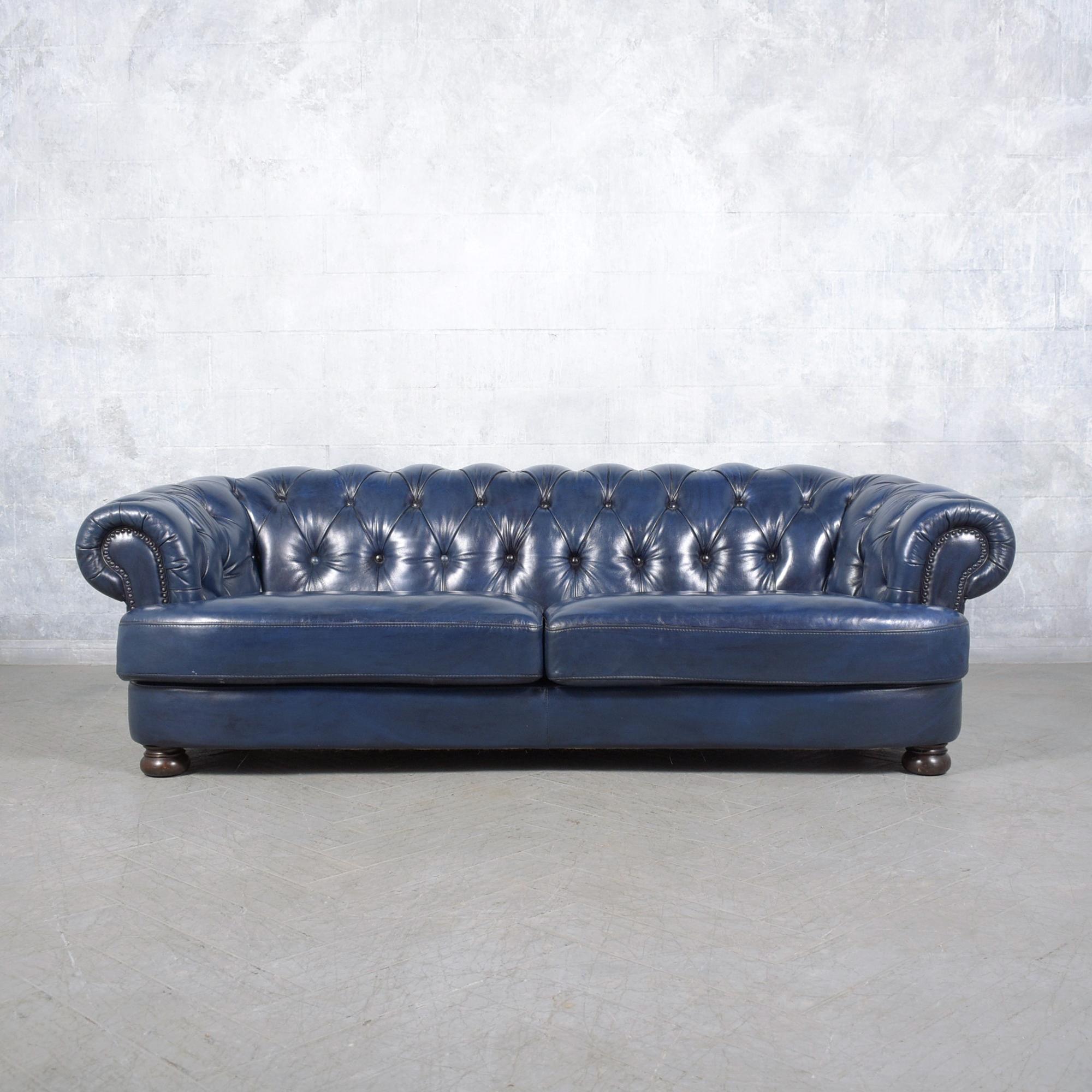American Restored Vitnage 1980s Navy Blue Chesterfield Leather Sofa For Sale