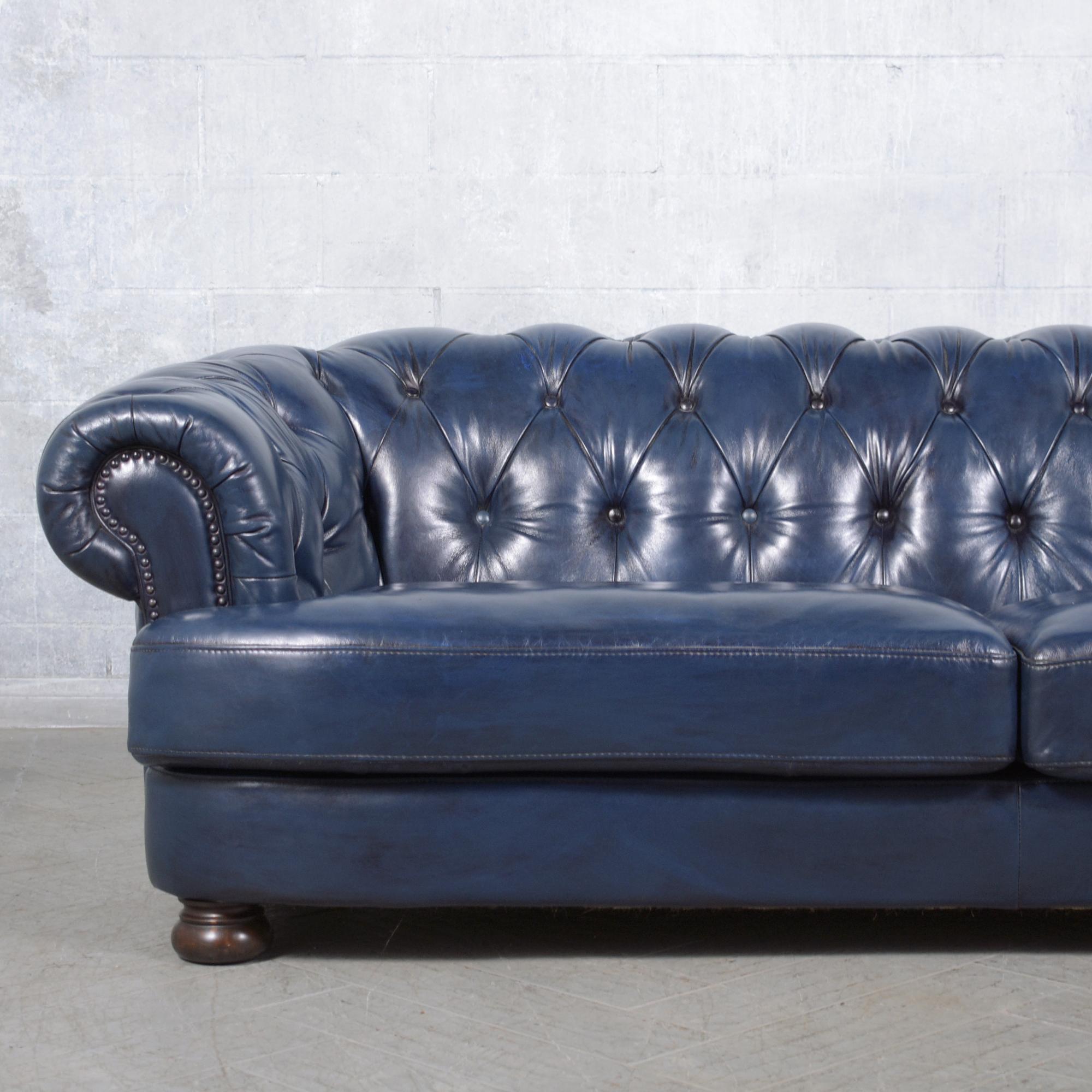 Dyed Restored Vitnage 1980s Navy Blue Chesterfield Leather Sofa For Sale