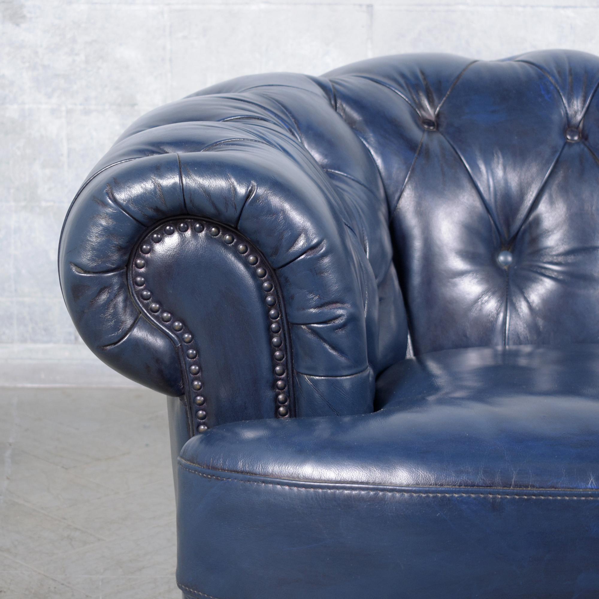 Restored Vitnage 1980s Navy Blue Chesterfield Leather Sofa In Good Condition For Sale In Los Angeles, CA