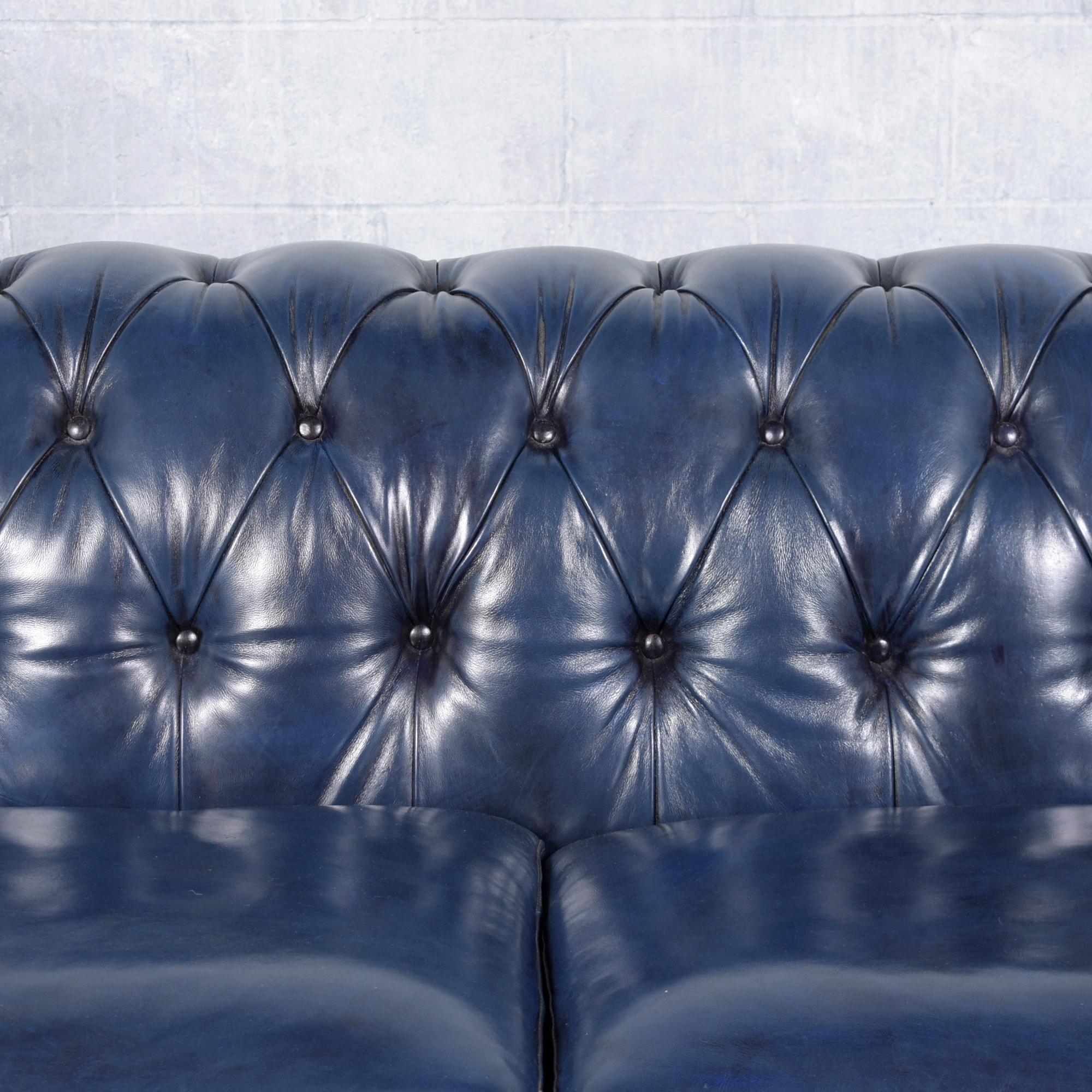 Late 20th Century Restored Vitnage 1980s Navy Blue Chesterfield Leather Sofa For Sale