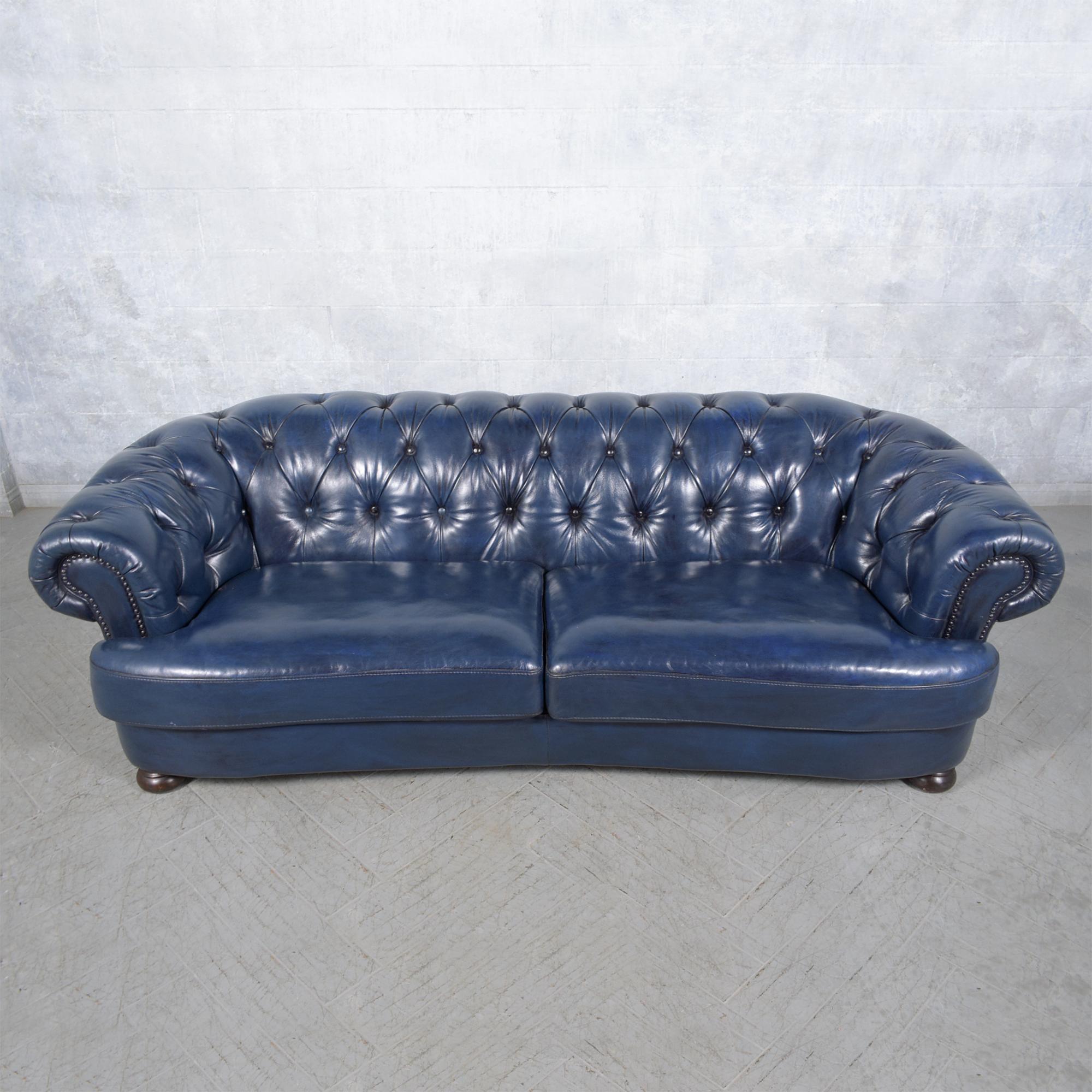 Brass Restored Vitnage 1980s Navy Blue Chesterfield Leather Sofa For Sale