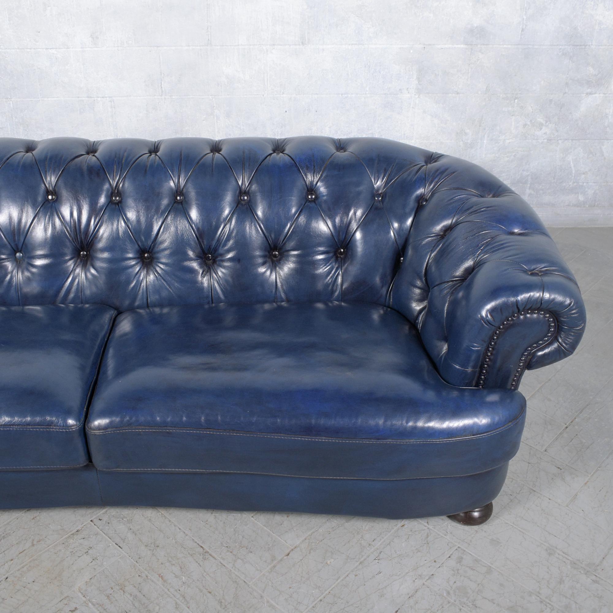 Restored Vitnage 1980s Navy Blue Chesterfield Leather Sofa For Sale 1