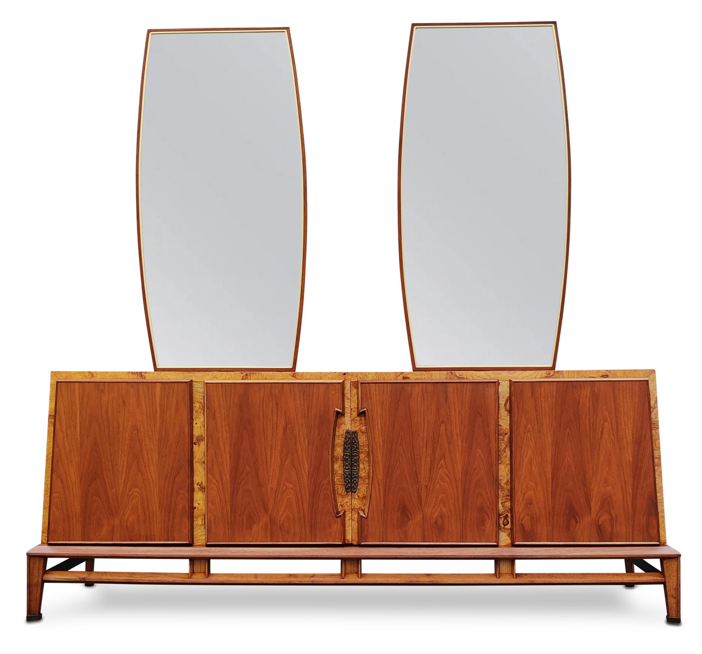 Mid-Century Modern Restored Walnut & Burl Helen Hobey Baker Cabinet + Pair Mirrors Danish Style  For Sale
