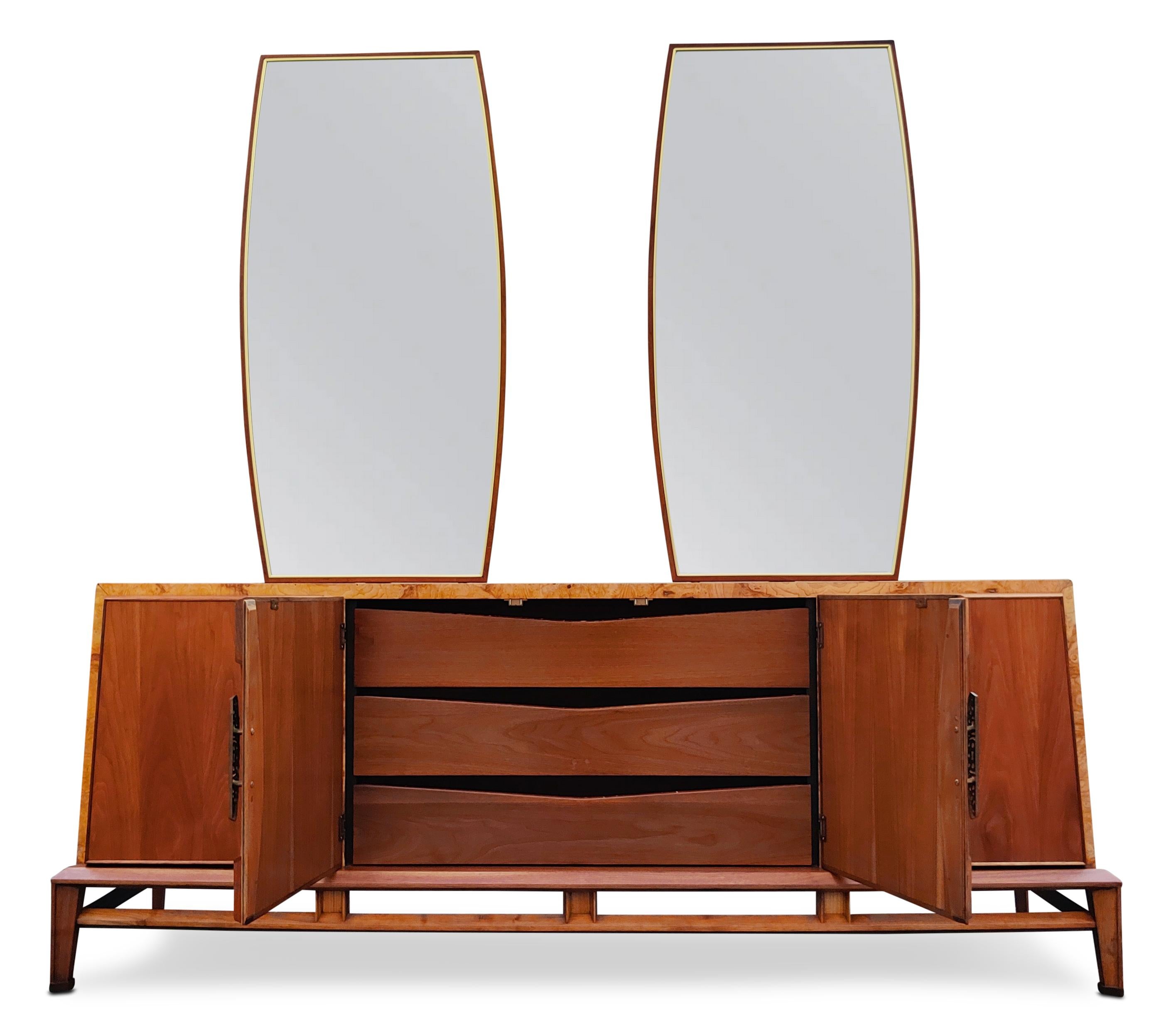 American Restored Walnut & Burl Helen Hobey Baker Cabinet + Pair Mirrors Danish Style  For Sale