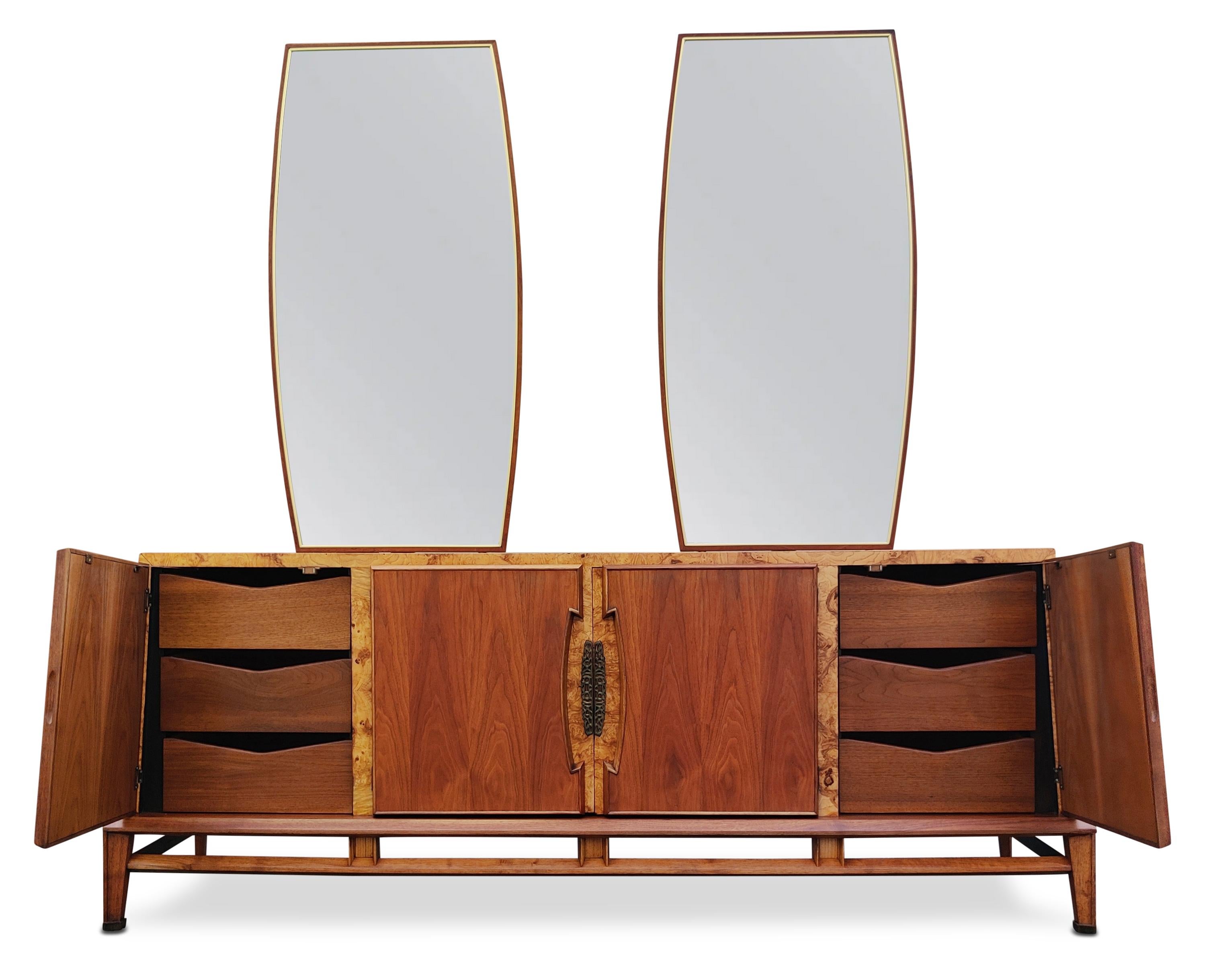 Restored Walnut & Burl Helen Hobey Baker Cabinet + Pair Mirrors Danish Style  In Good Condition For Sale In Philadelphia, PA