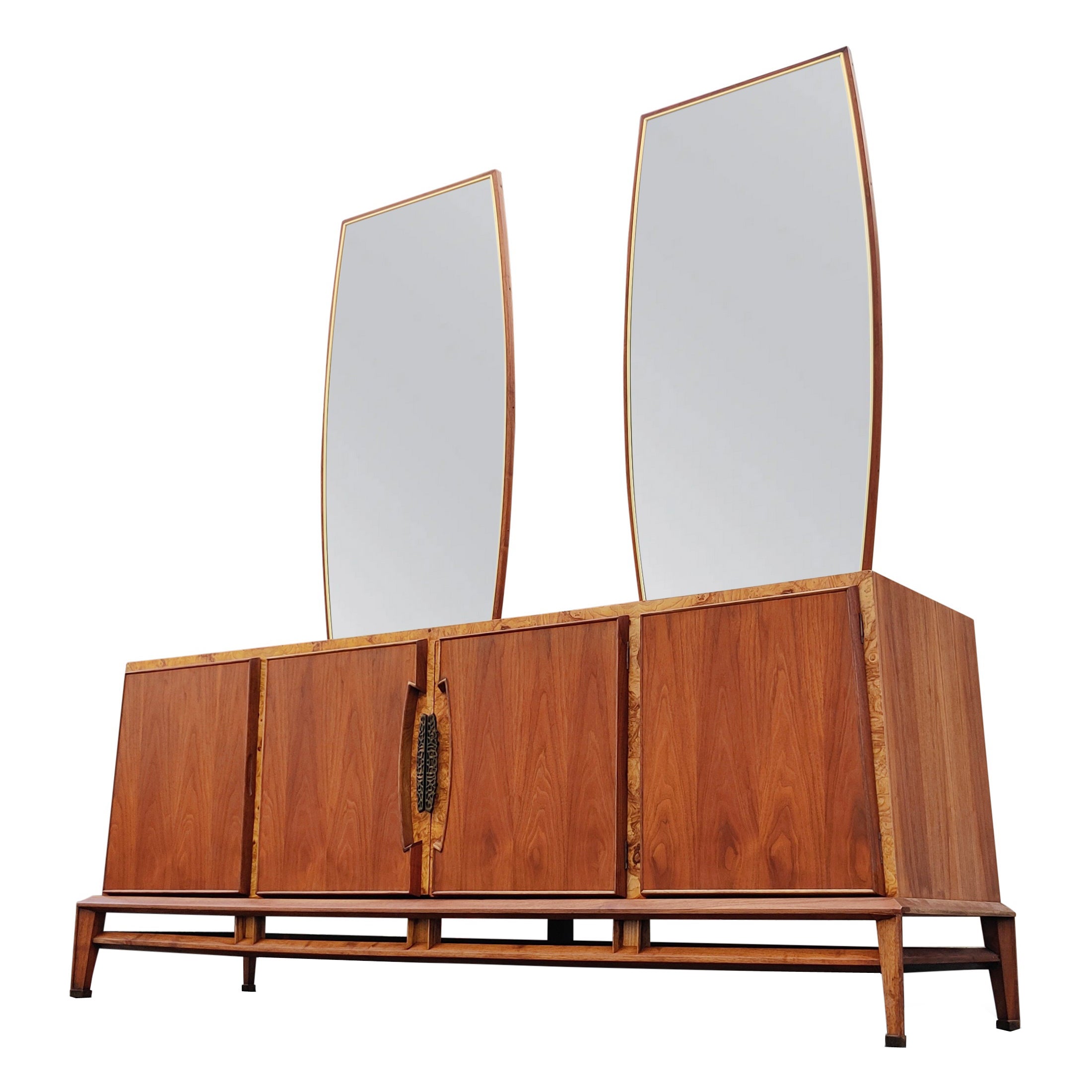 Restored Walnut & Burl Helen Hobey Baker Cabinet + Pair Mirrors Danish Style
