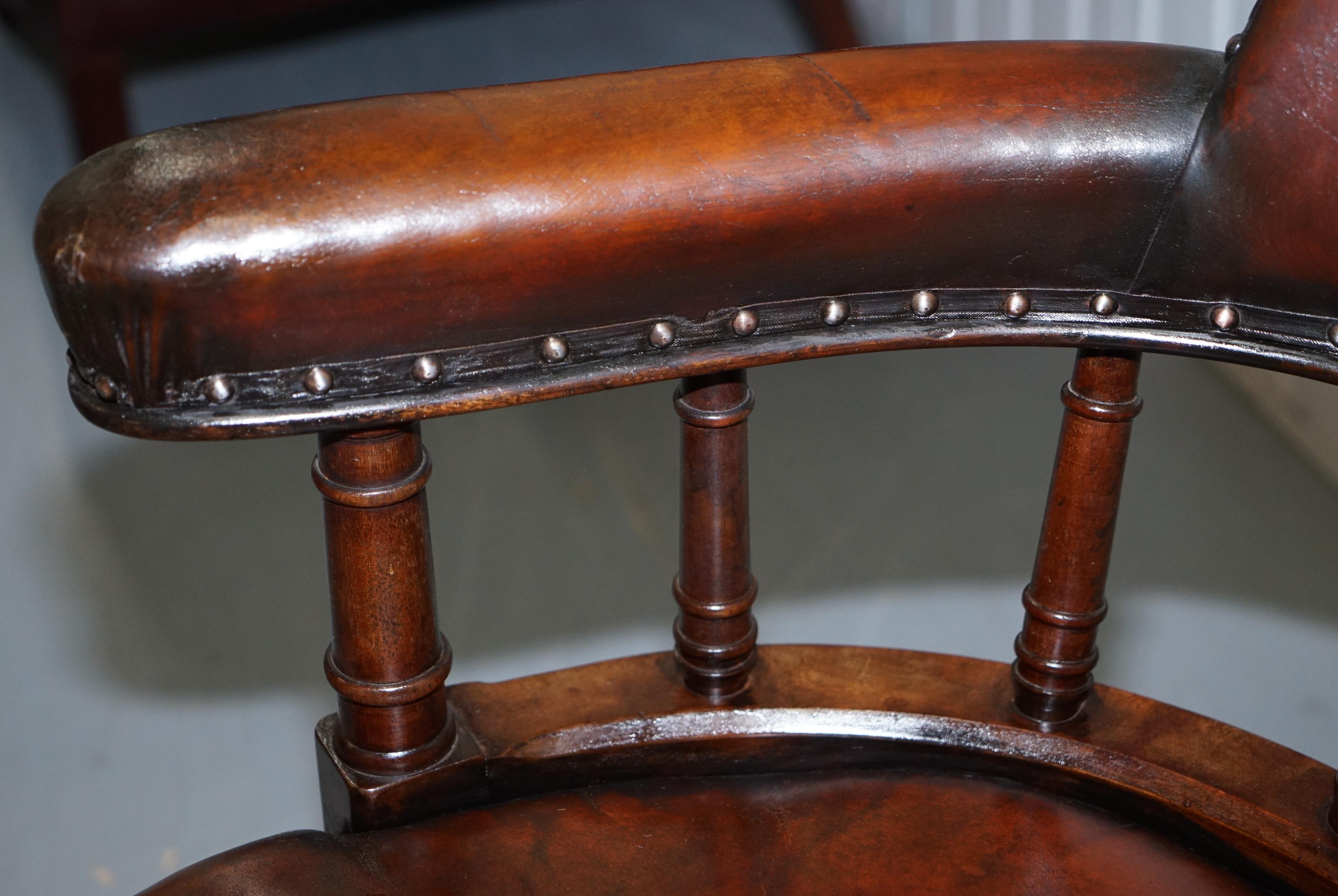 Restored Walnut Hand Dyed Cigar Brown Leather Victorian Captains Office Chair 5