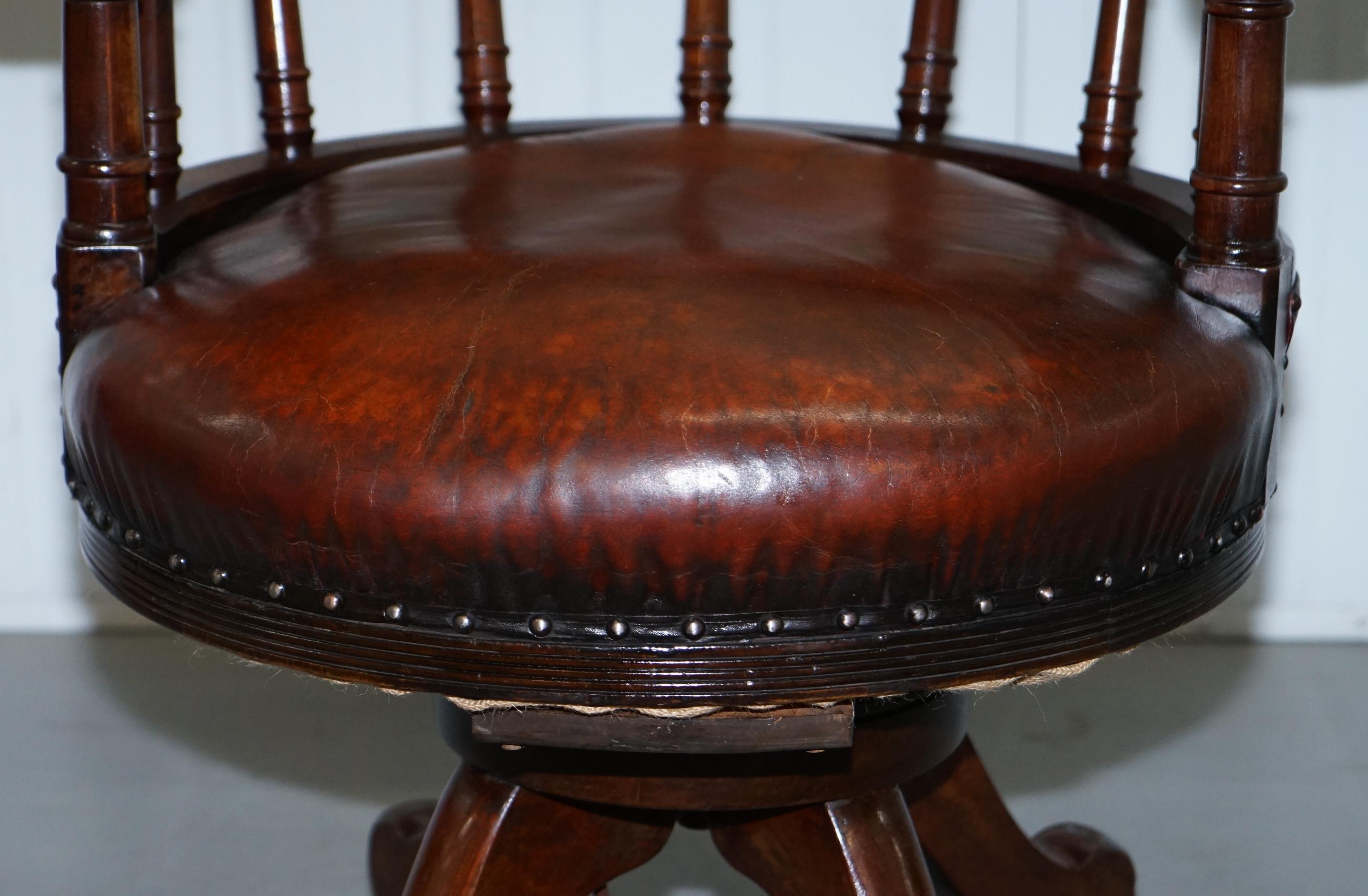 Restored Walnut Hand Dyed Cigar Brown Leather Victorian Captains Office Chair 5