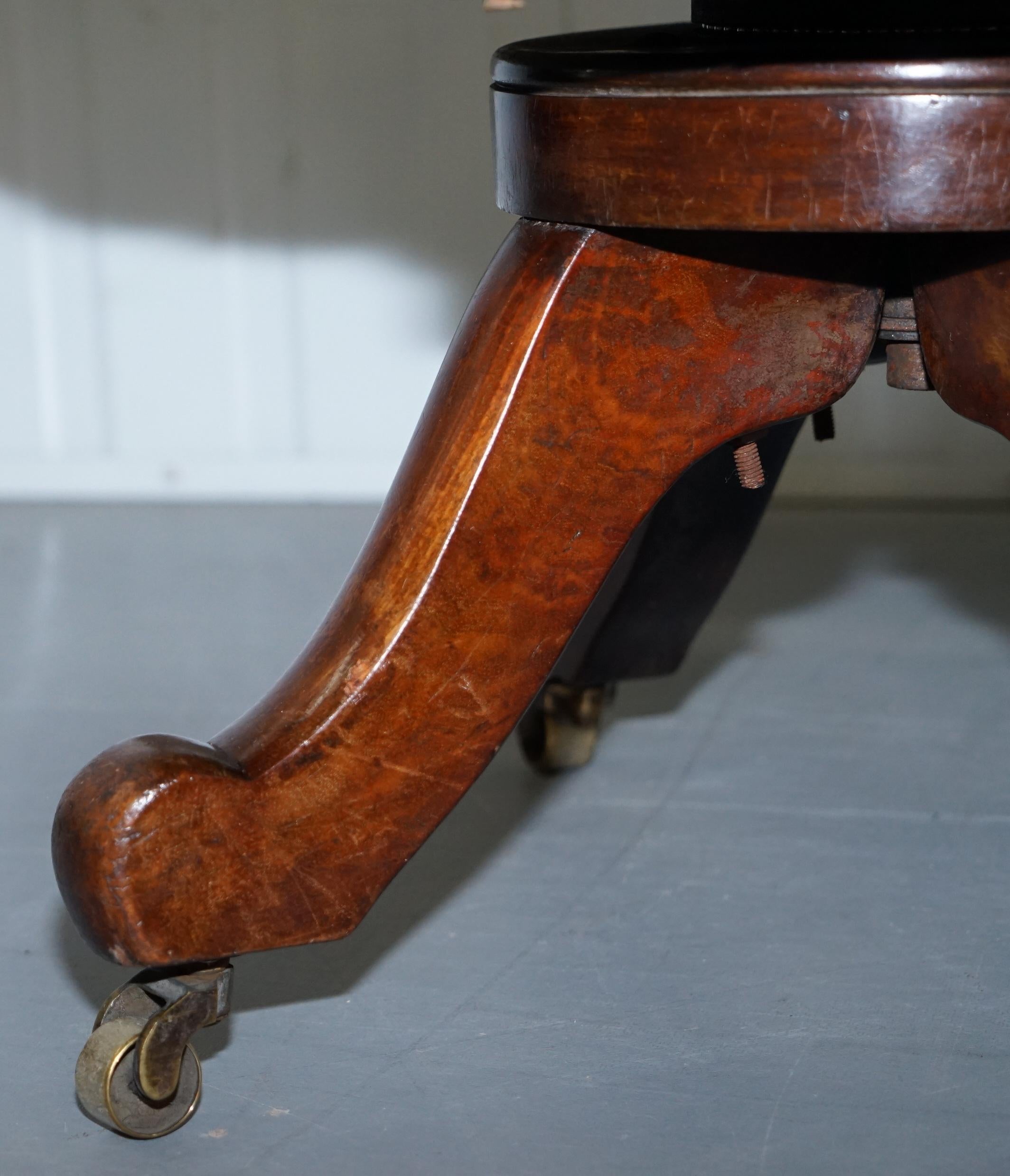 Restored Walnut Hand Dyed Cigar Brown Leather Victorian Captains Office Chair 8