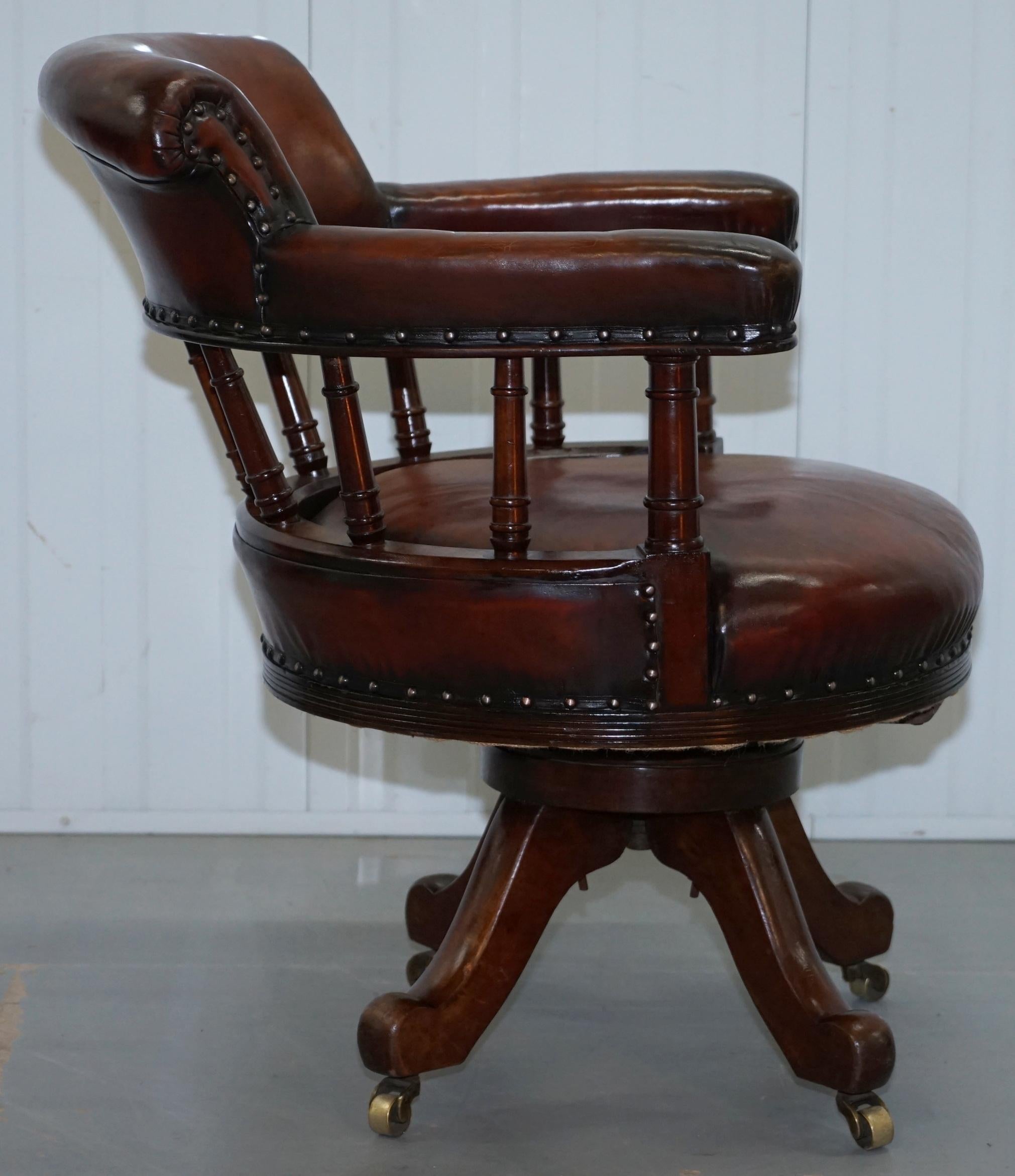 Restored Walnut Hand Dyed Cigar Brown Leather Victorian Captains Office Chair 9