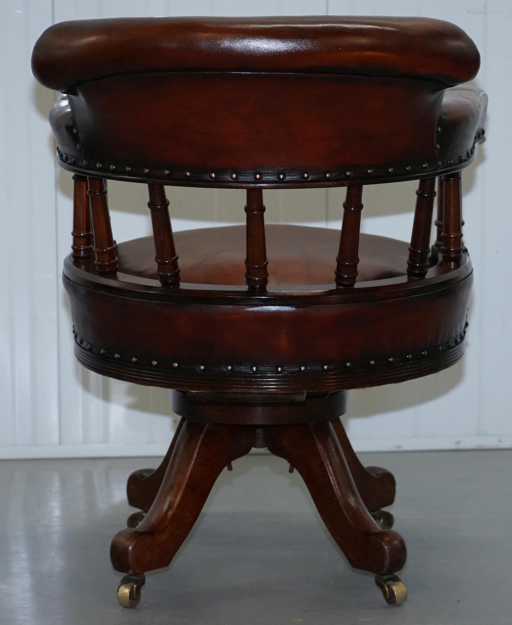 Restored Walnut Hand Dyed Cigar Brown Leather Victorian Captains Office Chair 11